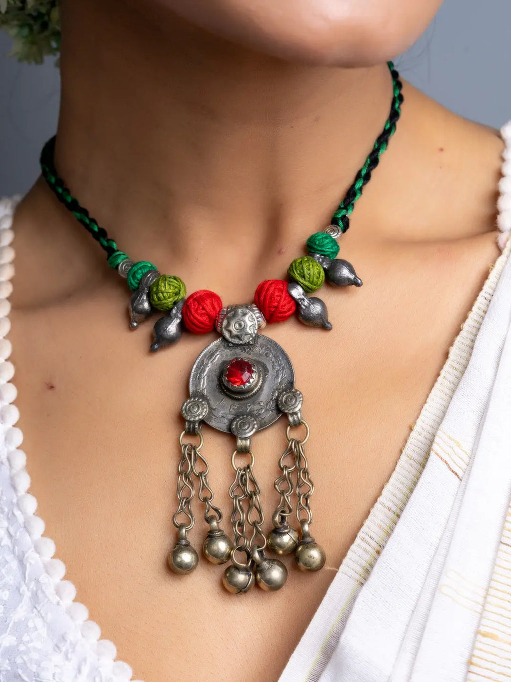 LOOK AND ADORN Afghani necklace set with red and green beads and traditional silver pendant with dangling bells