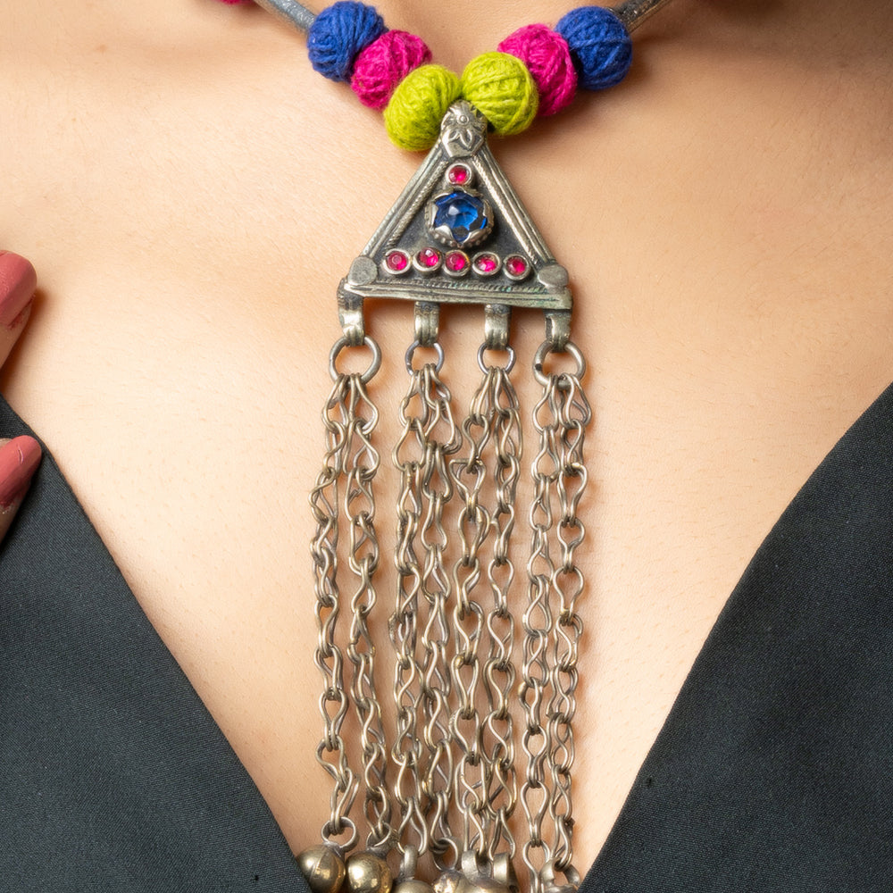 LOOK AND ADORN colorful afghani necklace with silver triangular pendant and hanging chains