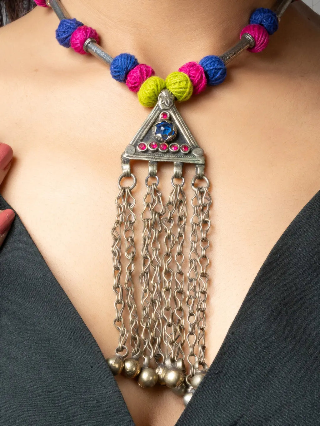 LOOK AND ADORN colorful afghani necklace with silver triangular pendant and hanging chains