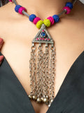 LOOK AND ADORN colorful afghani necklace with silver triangular pendant and hanging chains