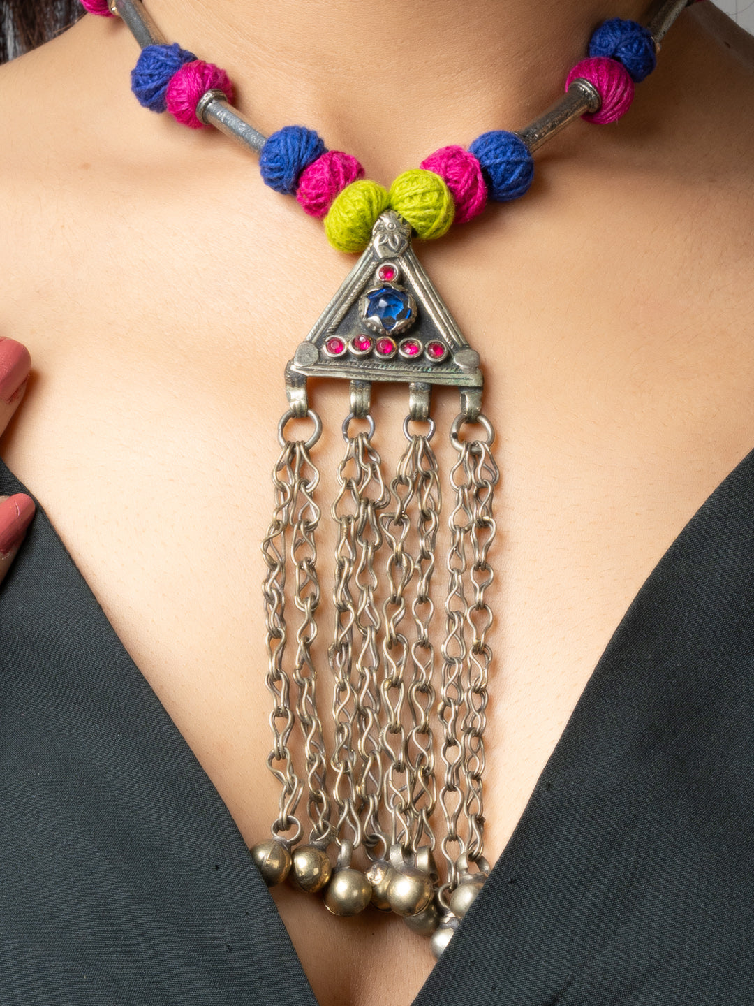 LOOK AND ADORN colorful afghani necklace with silver triangular pendant and hanging chains