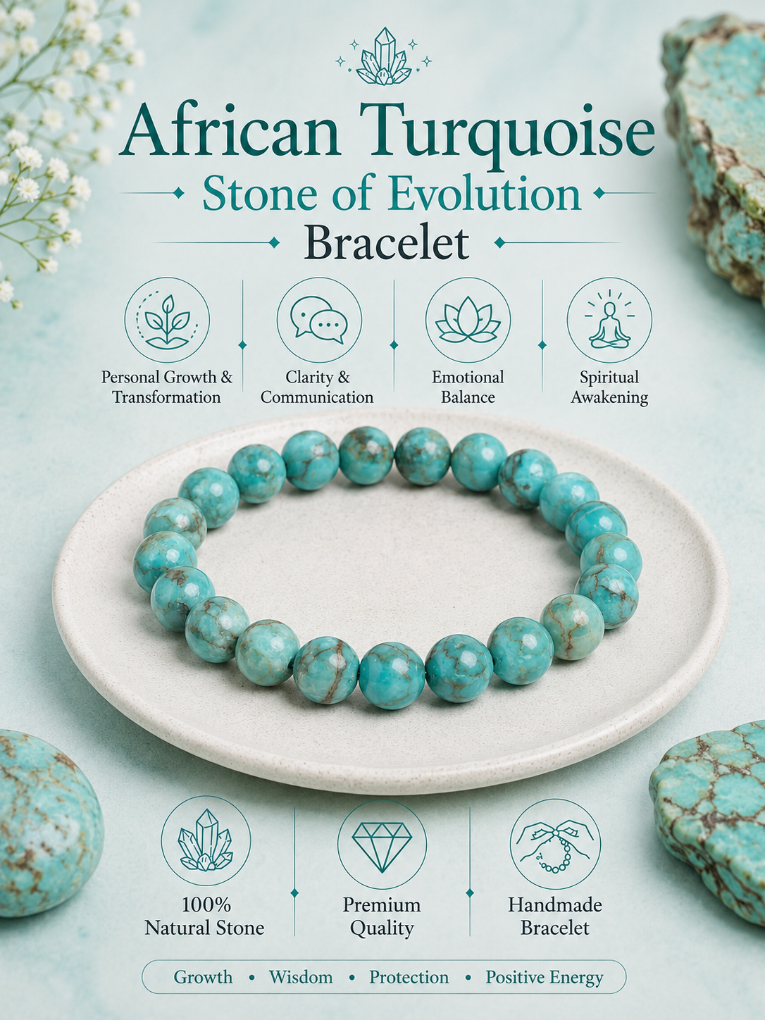 African Turquoise Bracelet - Stone of Evolution LOOK AND ADORN - designed for you