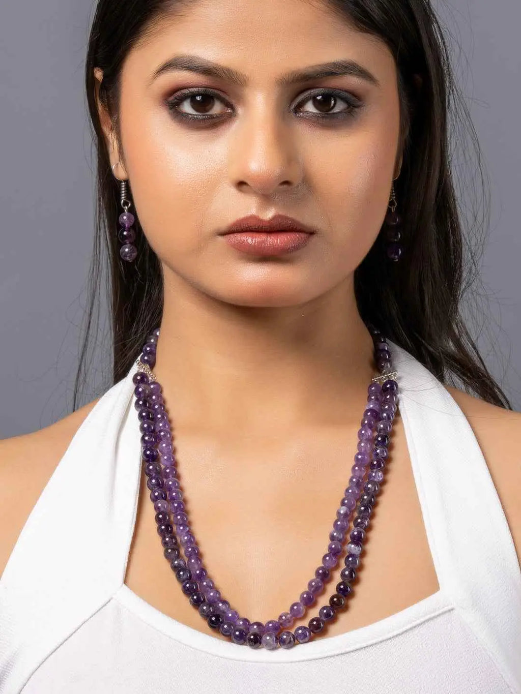 Handmade amethyst necklace set featuring purple gemstone beads and matching earrings for elegant style
