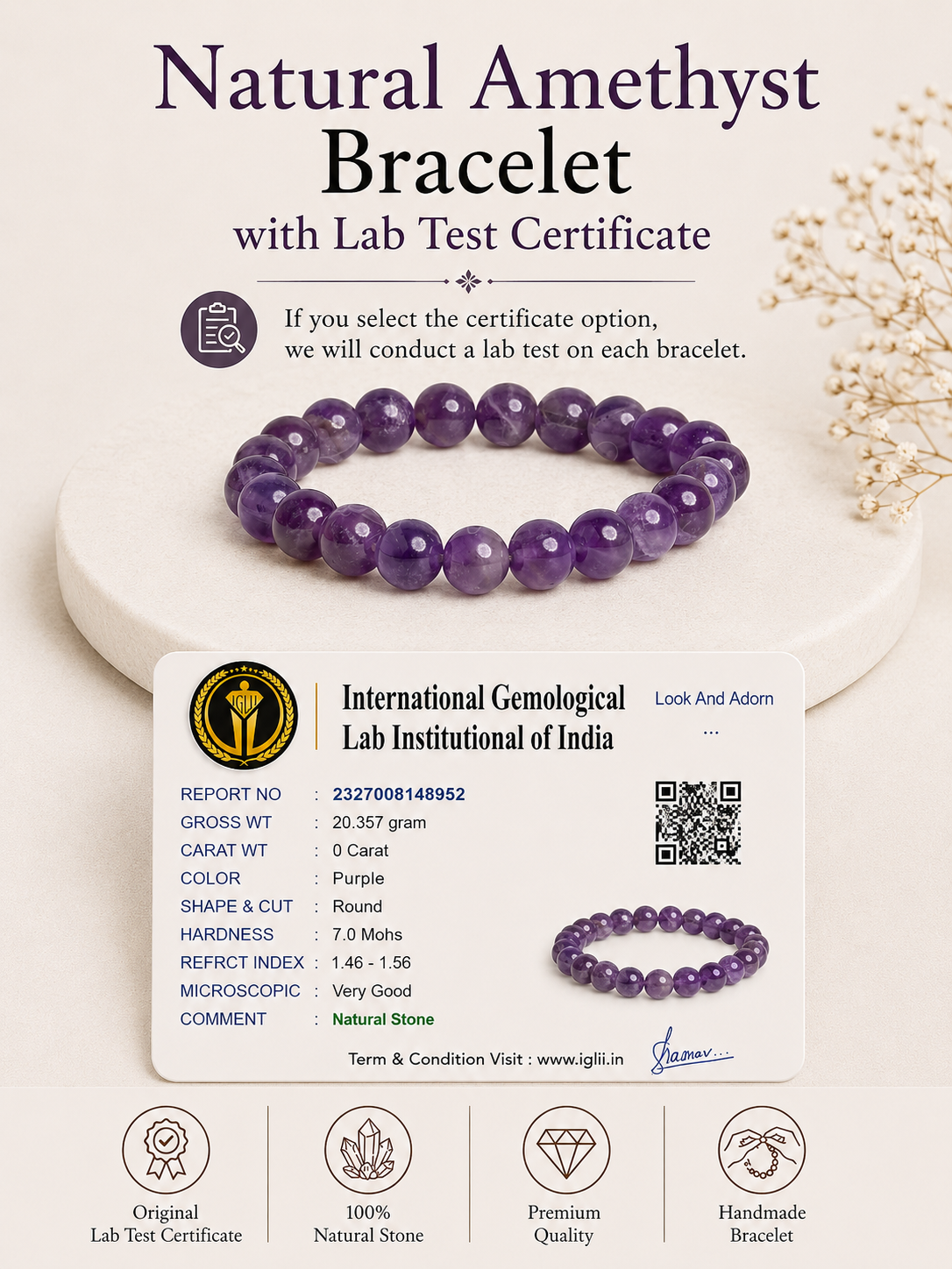 Natural Amethyst Stone Bracelet LOOK AND ADORN - designed for you