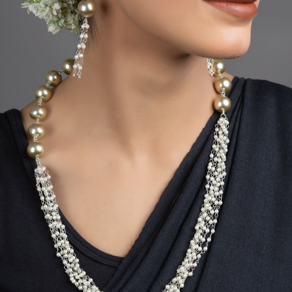 LOOK AND ADORN handmade pearl necklace set featuring braided small pearls large gold pearls and matching dangle earrings