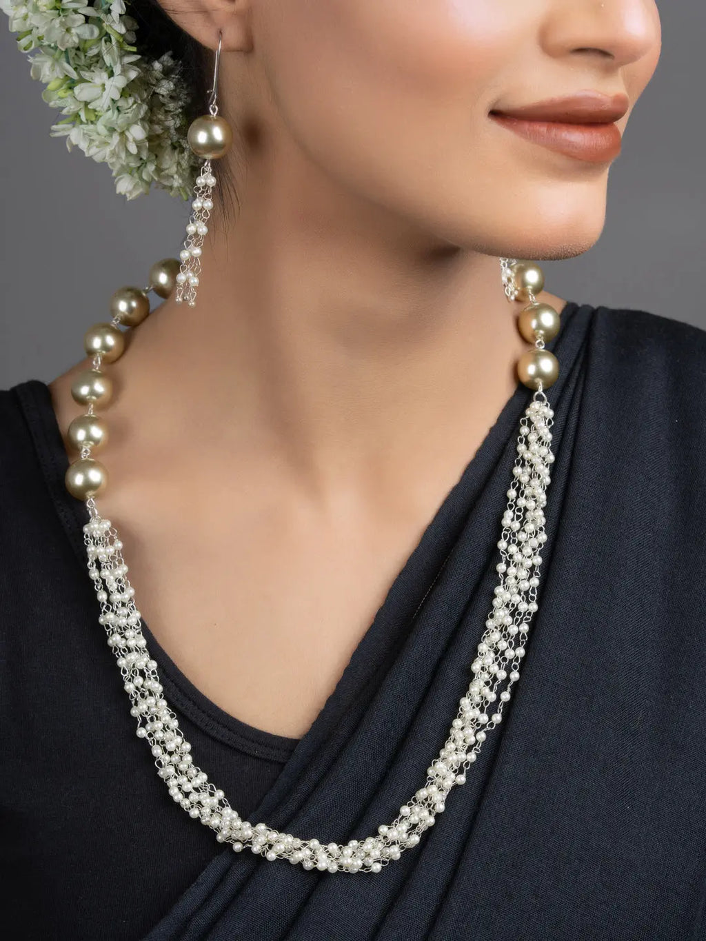 LOOK AND ADORN handmade pearl necklace set featuring braided small pearls large gold pearls and matching dangle earrings