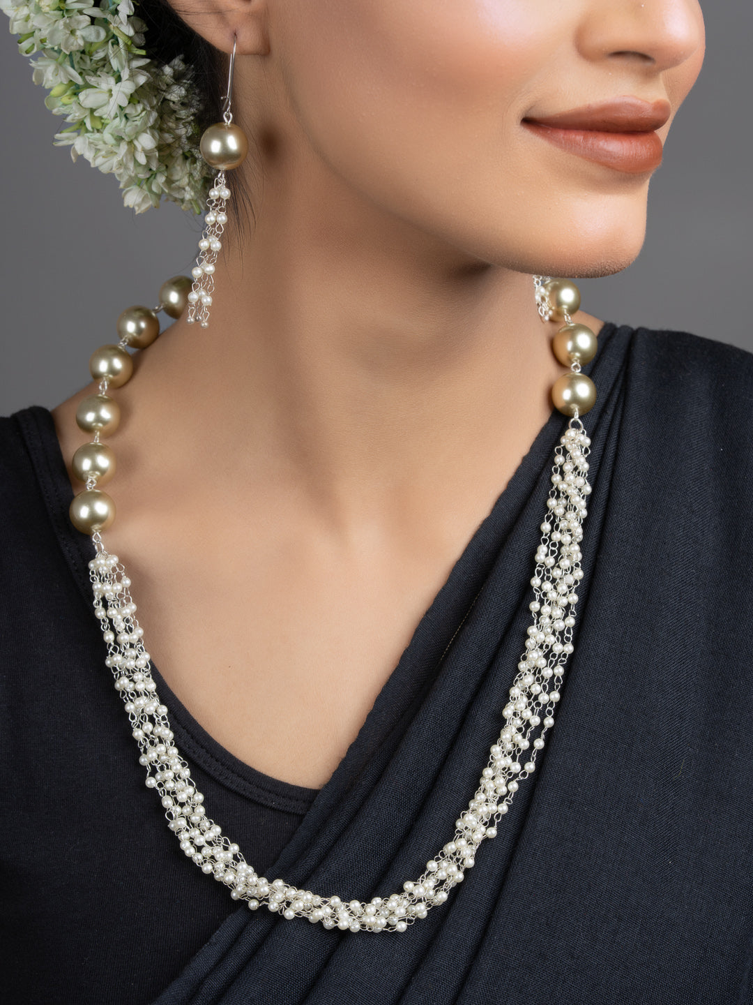 LOOK AND ADORN handmade pearl necklace set featuring braided small pearls large gold pearls and matching dangle earrings