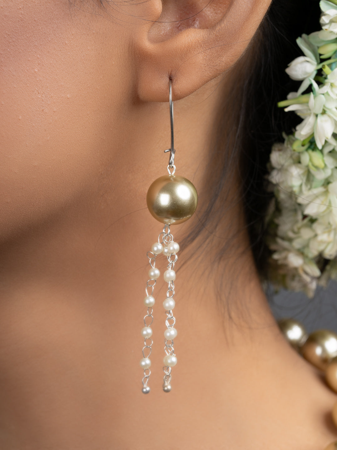 LOOK AND ADORN handmade pearl necklace set featuring a gold bead dangle earring with cascading white pearl strands