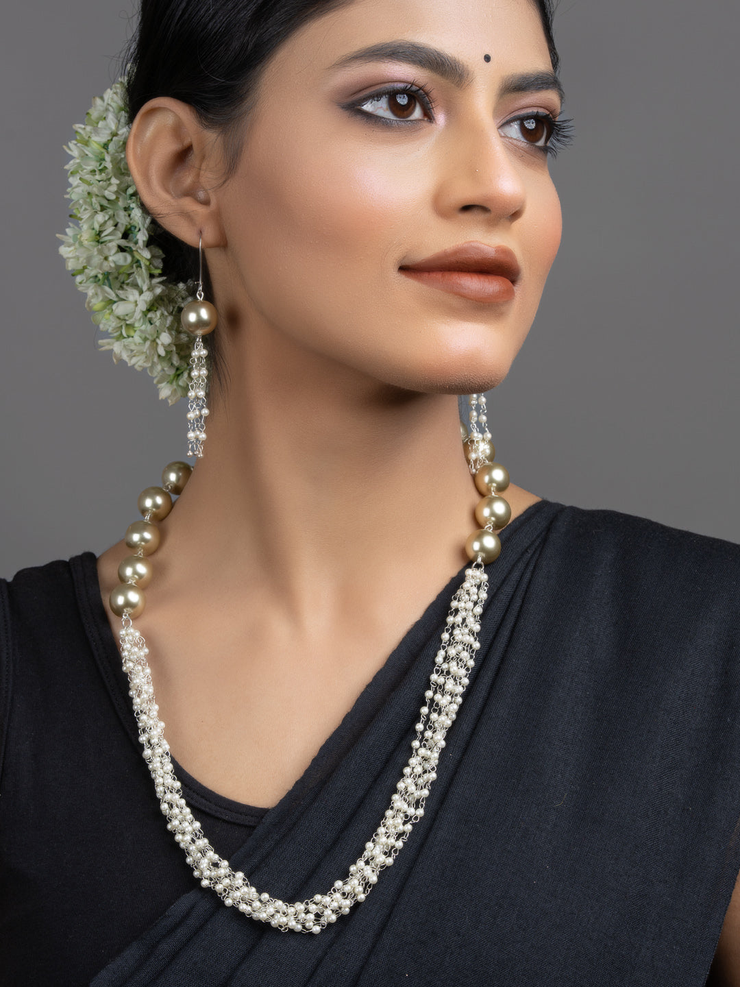 LOOK AND ADORN pearl necklace set handmade multi strand pearls with gold beads and matching long earrings on model