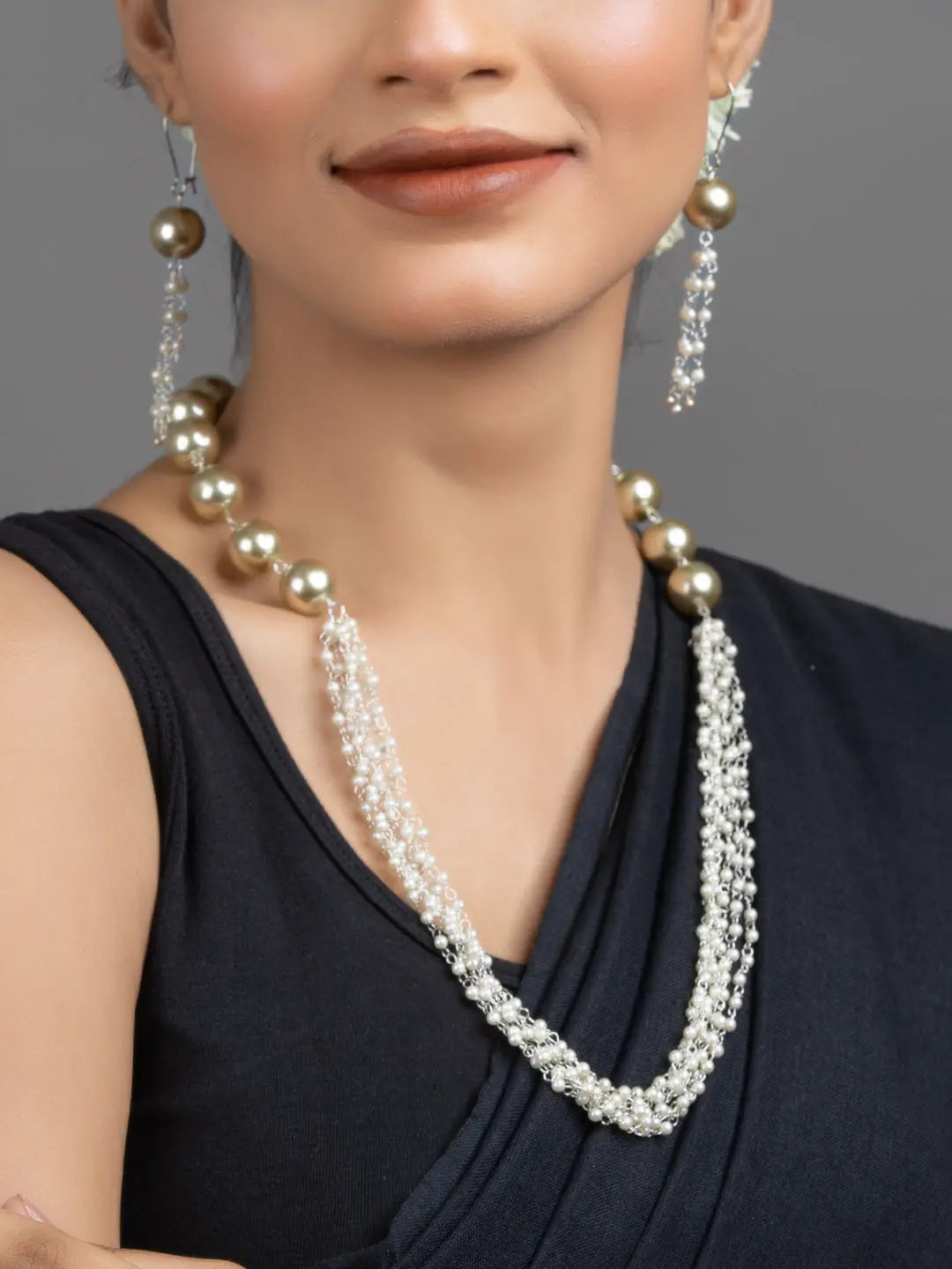 LOOK AND ADORN handmade pearl necklace set with layered white and gold pearls and matching dangle earrings