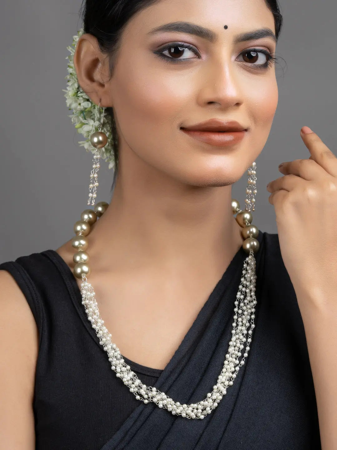 LOOK AND ADORN handmade pearl necklace set with layered pearls and matching long earrings on model