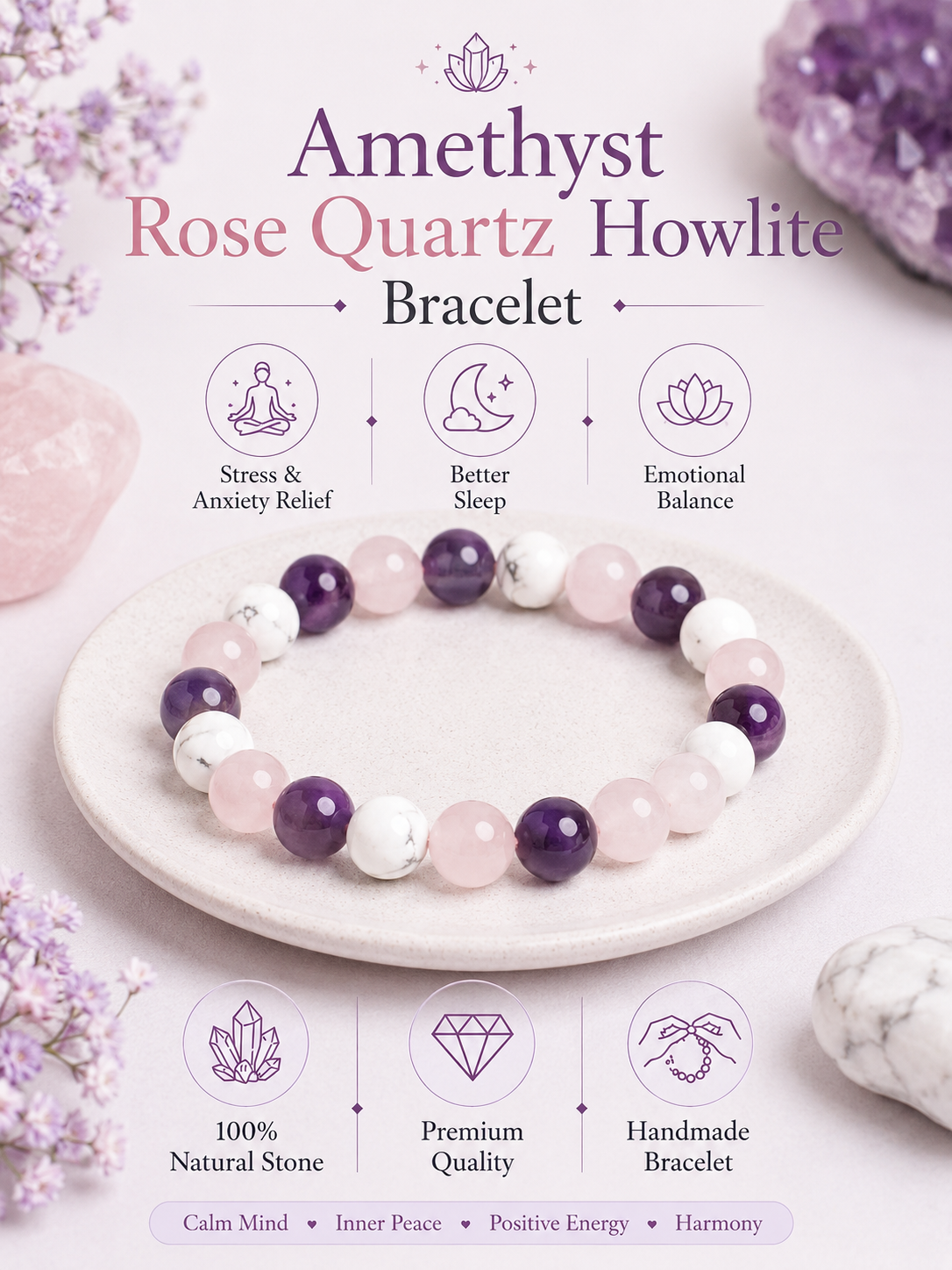 Amethyst Rose Quartz Howlite Bracelet LOOK AND ADORN - designed for you