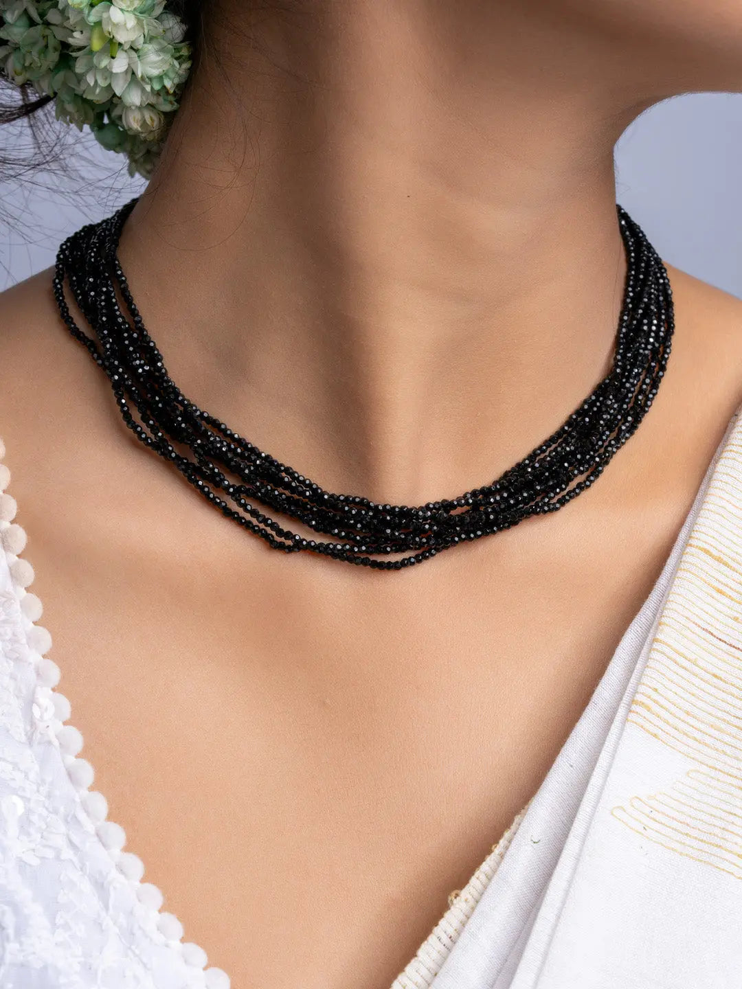LOOK AND ADORN handmade black crystal necklace with multiple strands worn on neck