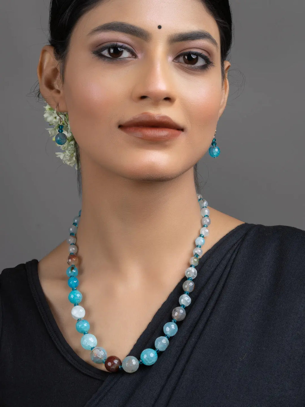 Blue Onyx Necklace Set worn by model with matching drop earrings handmade jewelry by LOOK AND ADORN