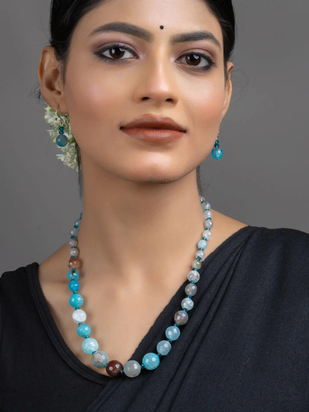 Blue Onyx Necklace Set worn by model with matching drop earrings handmade jewelry by LOOK AND ADORN