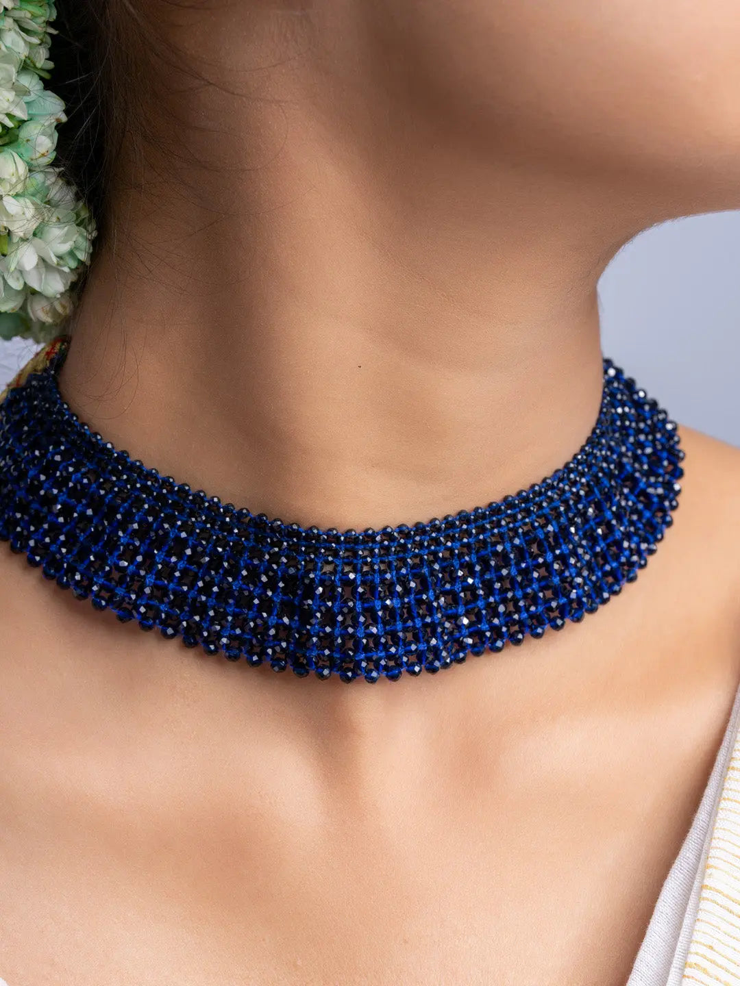 Handmade blue crystal necklace by LOOK AND ADORN designed for you, worn as a choker necklace