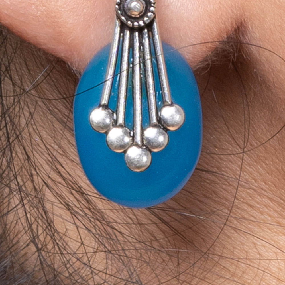 LOOK AND ADORN Oxidised Silver Blue Stone Stud Earring with Decorative Silver Detailing