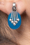 LOOK AND ADORN Oxidised Silver Blue Stone Stud Earring with Decorative Silver Detailing