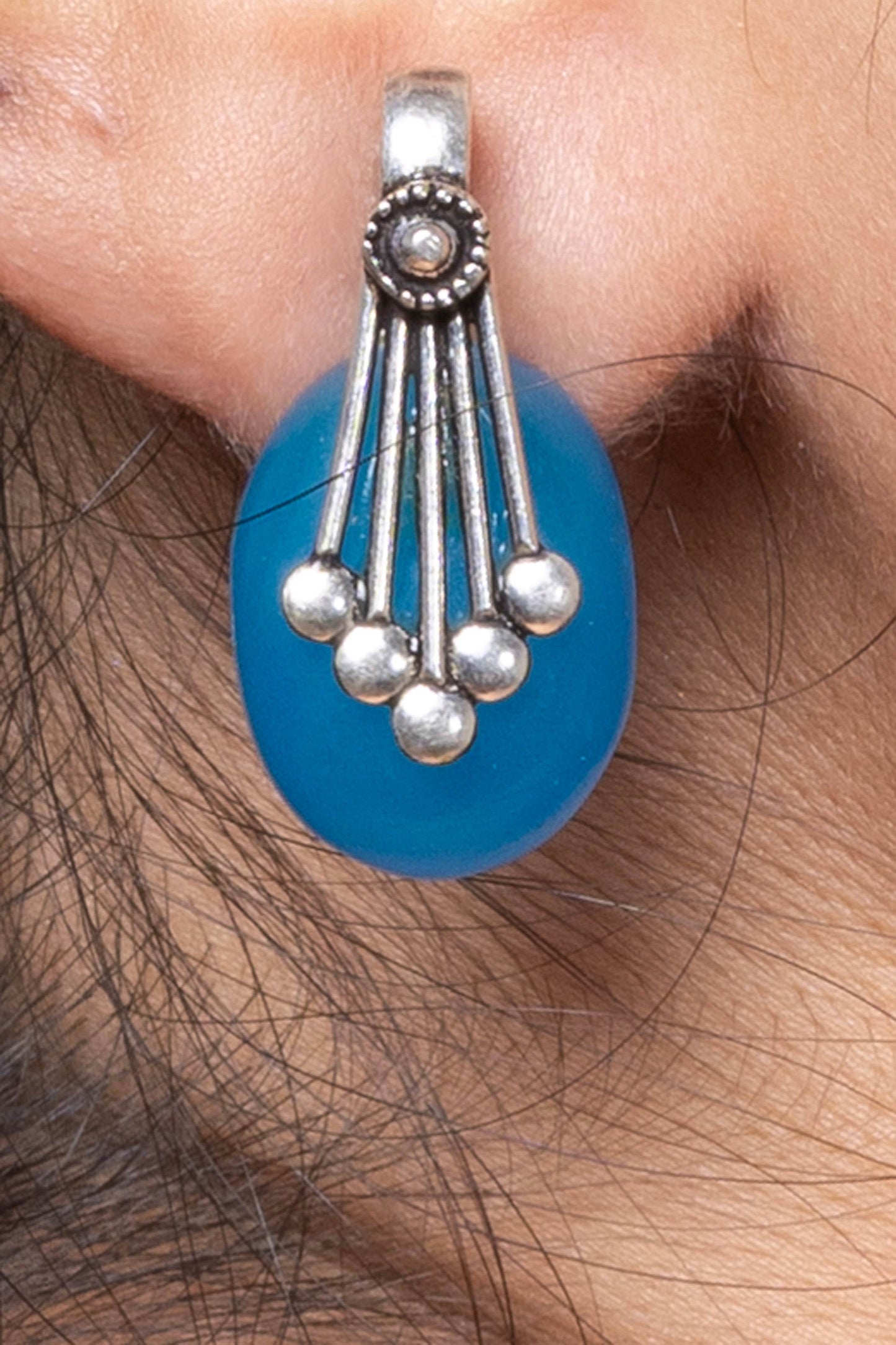 LOOK AND ADORN Oxidised Silver Blue Stone Stud Earring with Decorative Silver Detailing