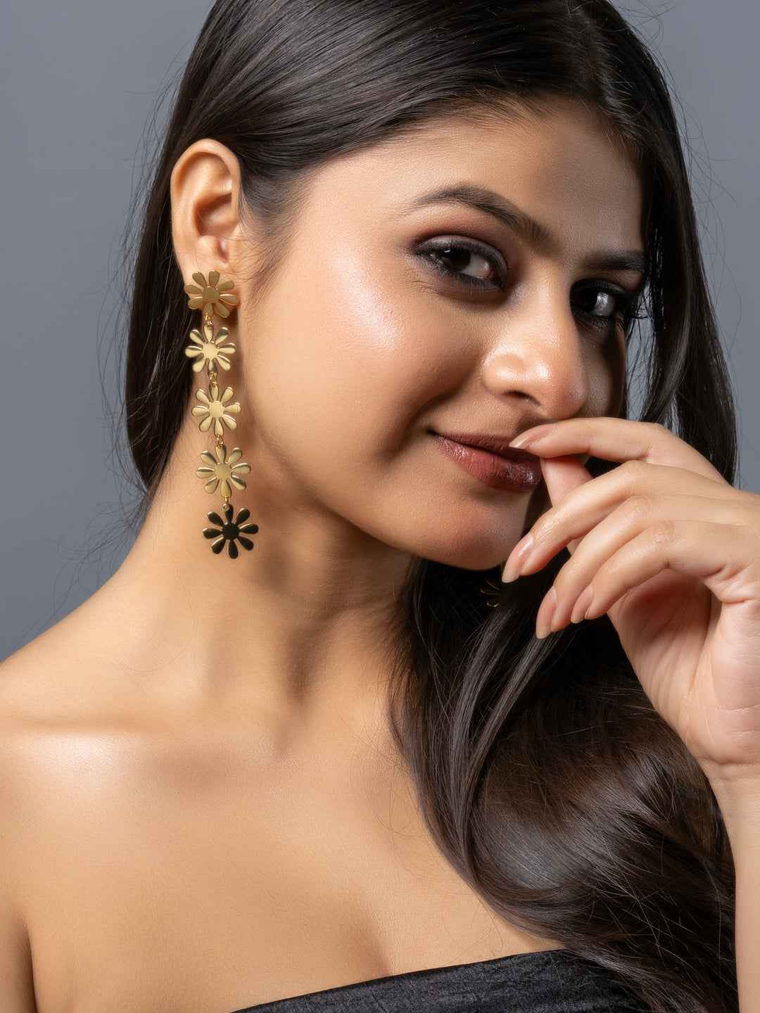 Gold brass stud earrings with floral design for stylish elegance from LOOK AND ADORN