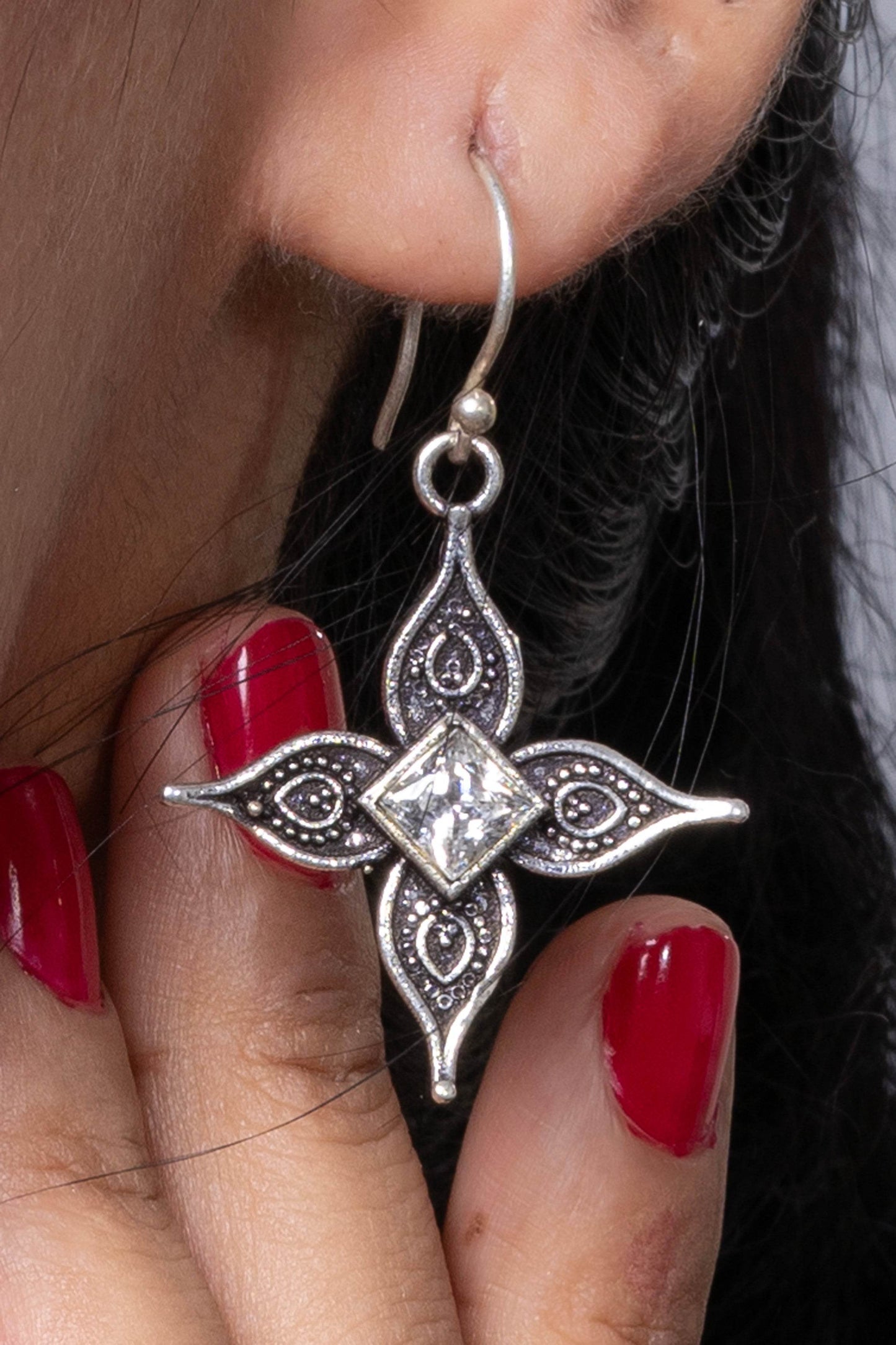 Oxidised Silver Cubic Zirconia Earring with Intricate Design for Elegant Style