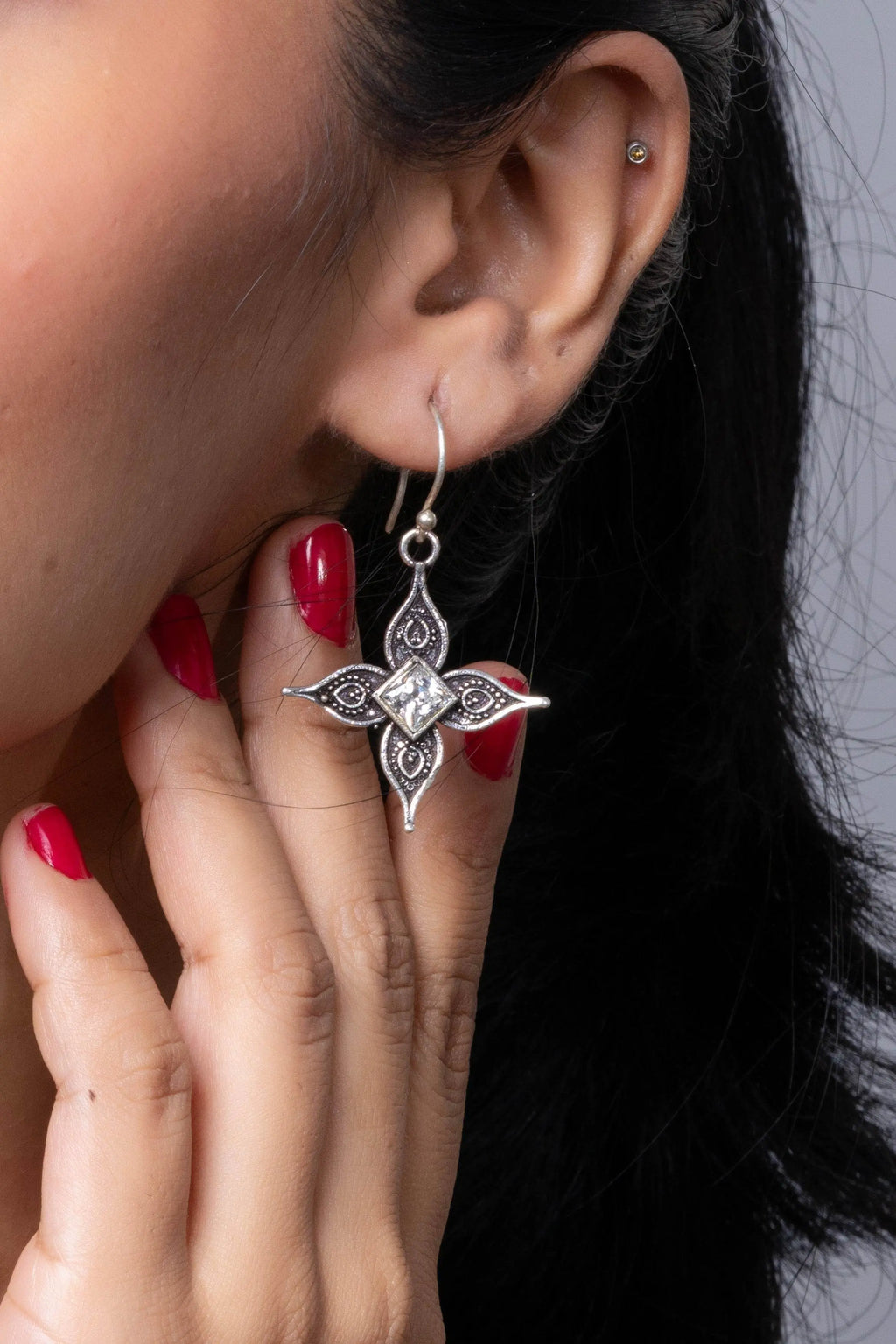 Oxidised Silver Cubic Zirconia Earring with Intricate Design for Stylish Looks