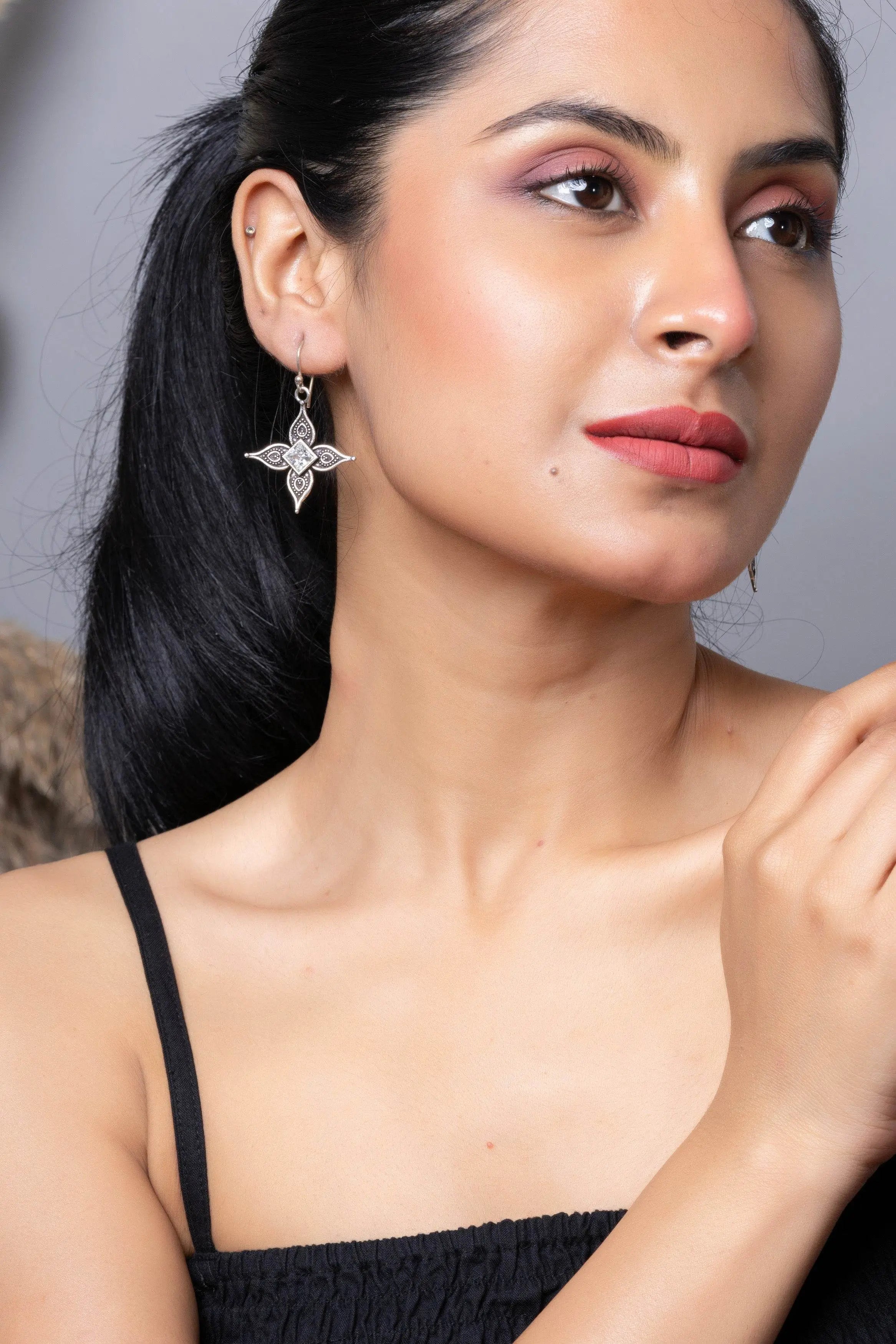 LOOK AND ADORN oxidised silver cubic zirconia earring showcasing intricate design and elegant style