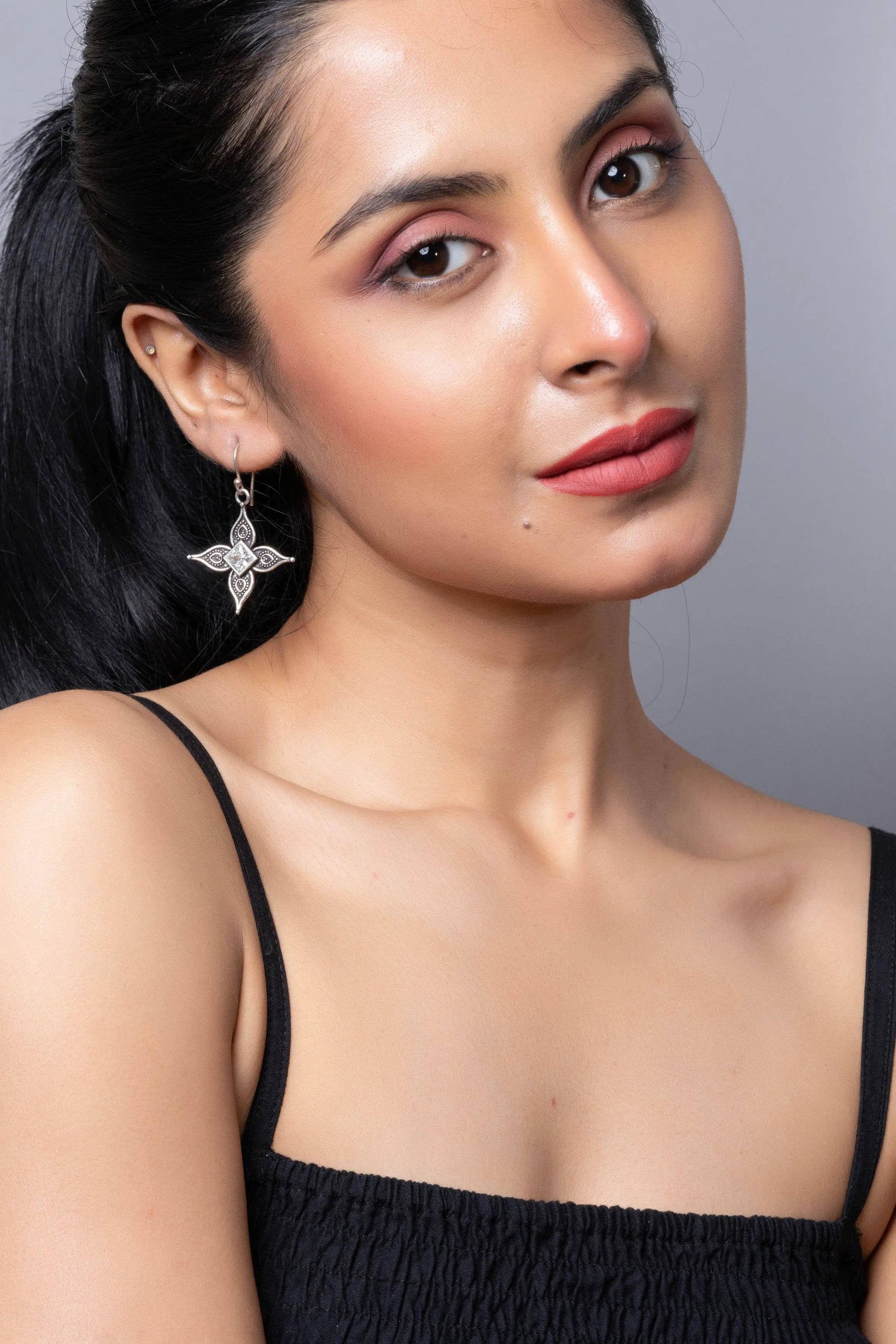 Oxidised Silver cubic zirconia earring designed by LOOK AND ADORN for stylish elegance