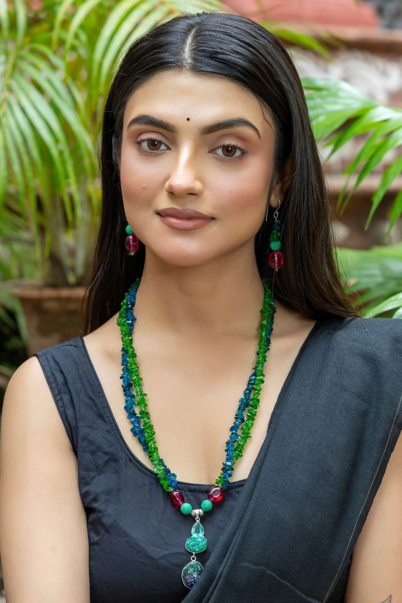 Bohemian Handmade Blue Green Pink Semi Precious Agate Lava Bead Stone Chips Necklace with Earrings Jewelry Set - Lookandadorn.com