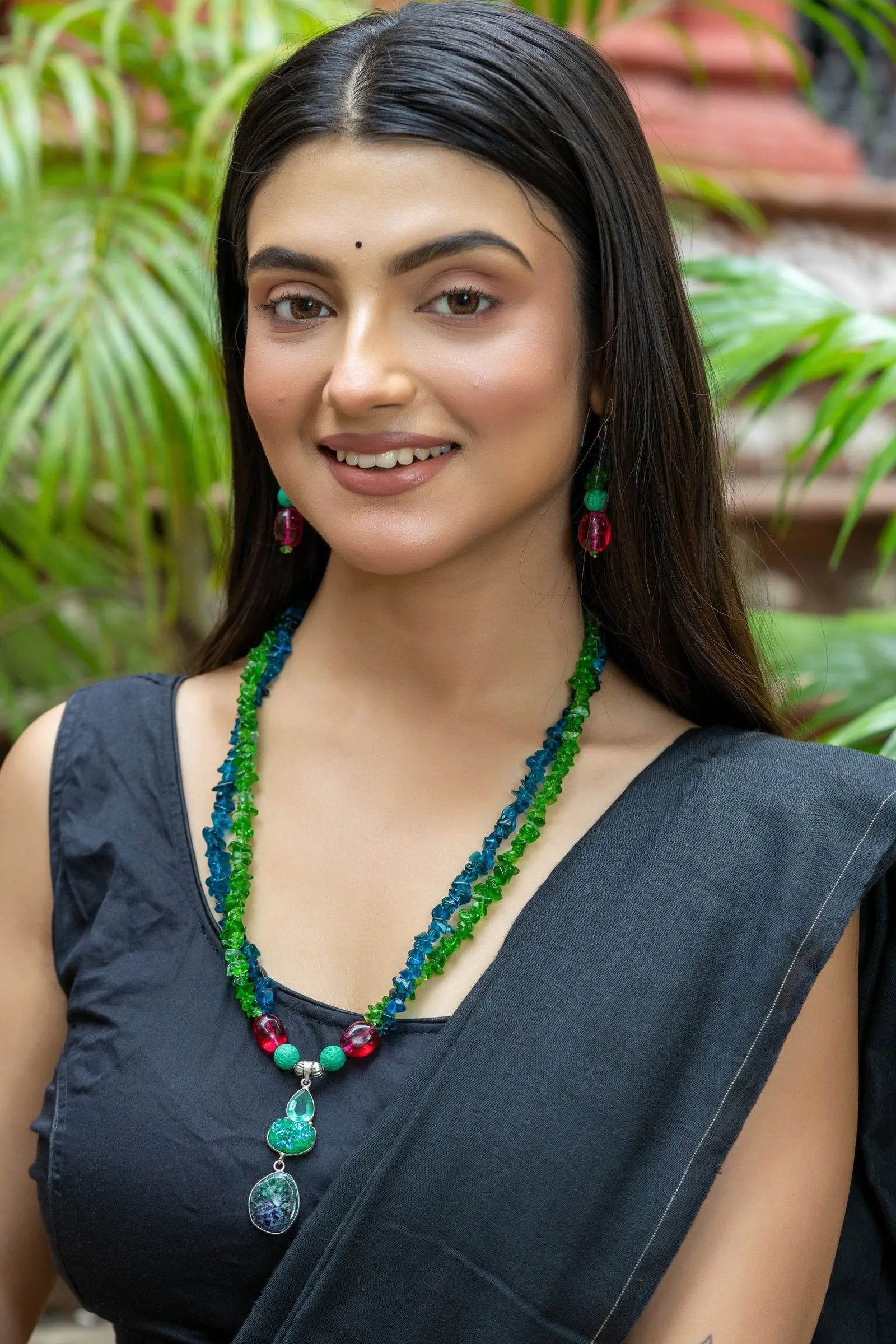 Bohemian Handmade Blue Green Pink Semi Precious Agate Lava Bead Stone Chips Necklace with Earrings Jewelry Set - Lookandadorn.com