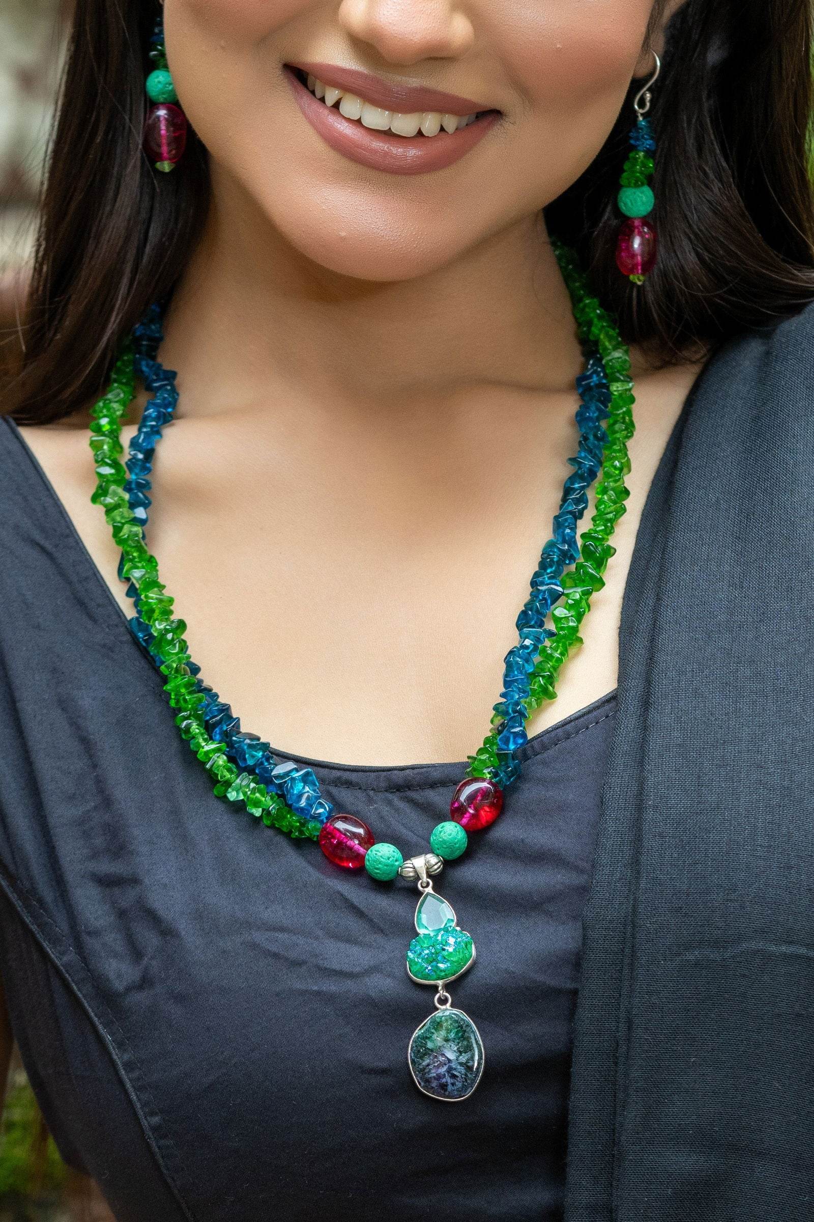 Bohemian Handmade Blue Green Pink Semi Precious Agate Lava Bead Stone Chips Necklace with Earrings Jewelry Set - Lookandadorn.com