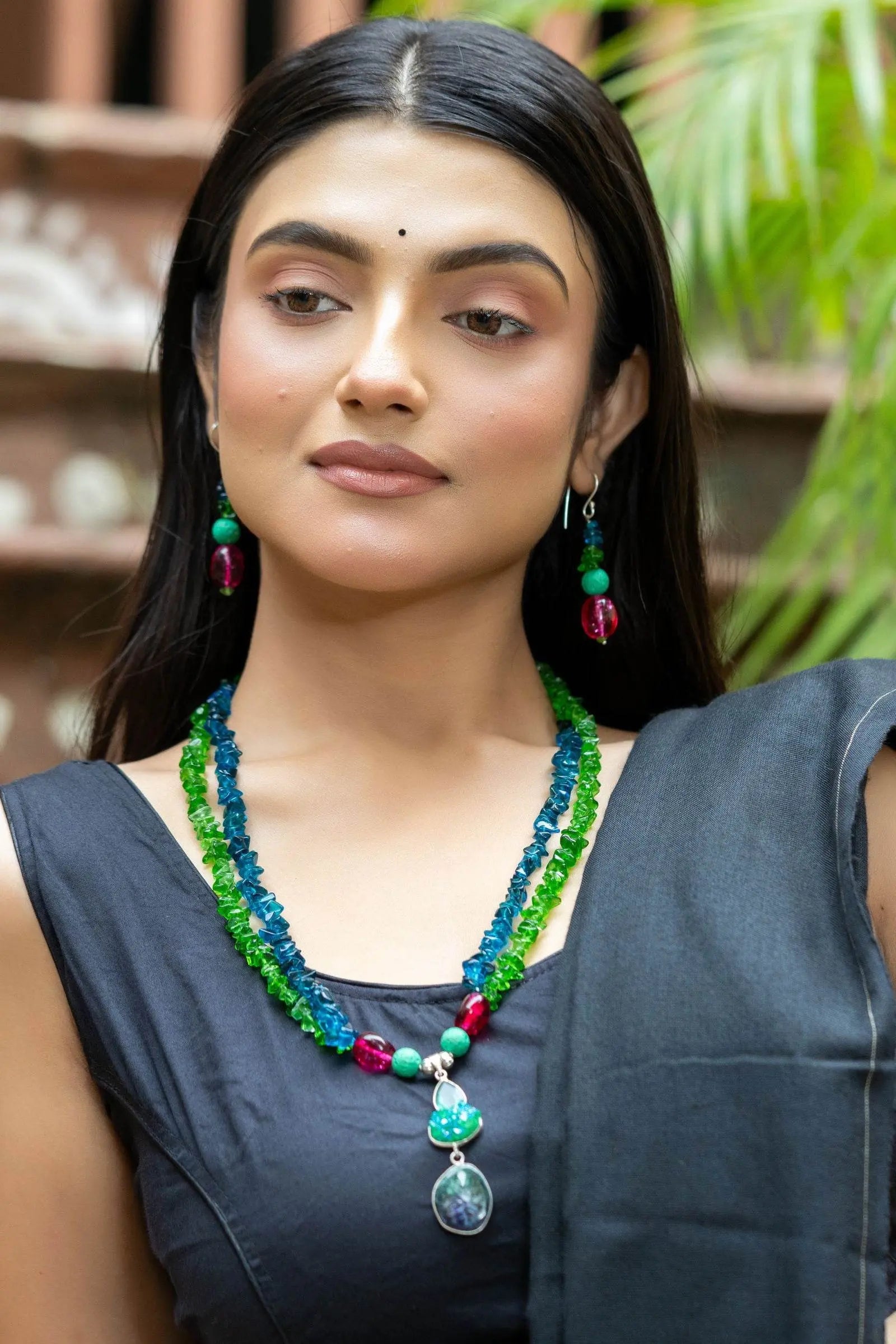 Bohemian Handmade Blue Green Pink Semi Precious Agate Lava Bead Stone Chips Necklace with Earrings Jewelry Set - Lookandadorn.com