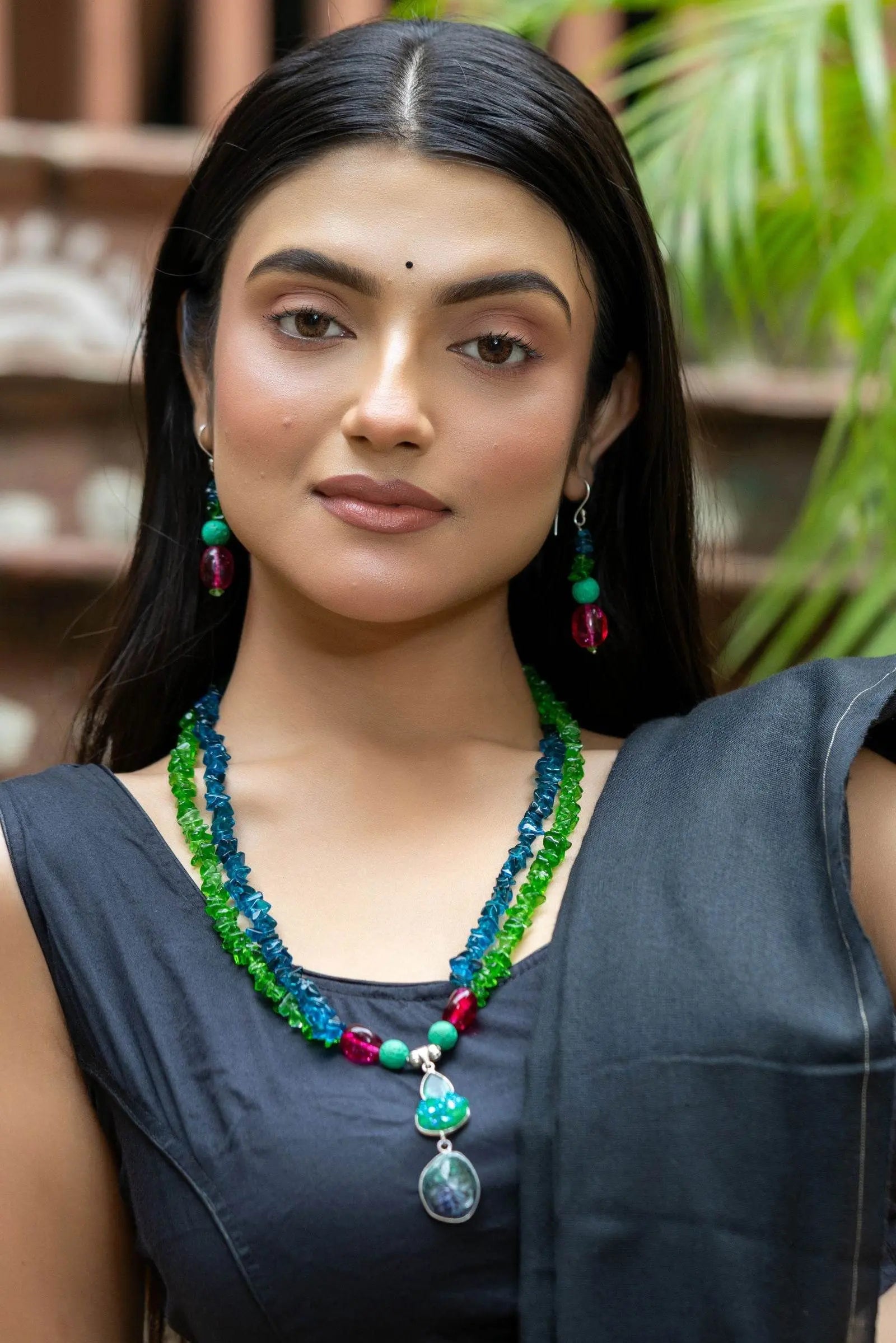 Bohemian Handmade Blue Green Pink Semi Precious Agate Lava Bead Stone Chips Necklace with Earrings Jewelry Set - Lookandadorn.com