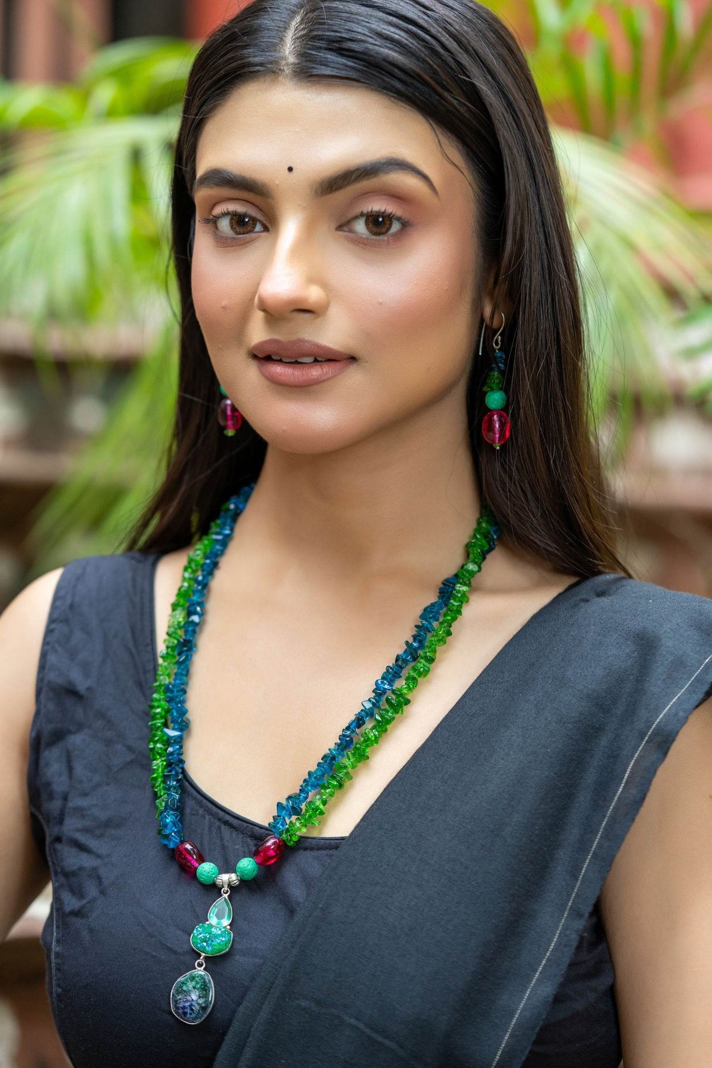 Bohemian Handmade Blue Green Pink Semi Precious Agate Lava Bead Stone Chips Necklace with Earrings Jewelry Set - Lookandadorn.com