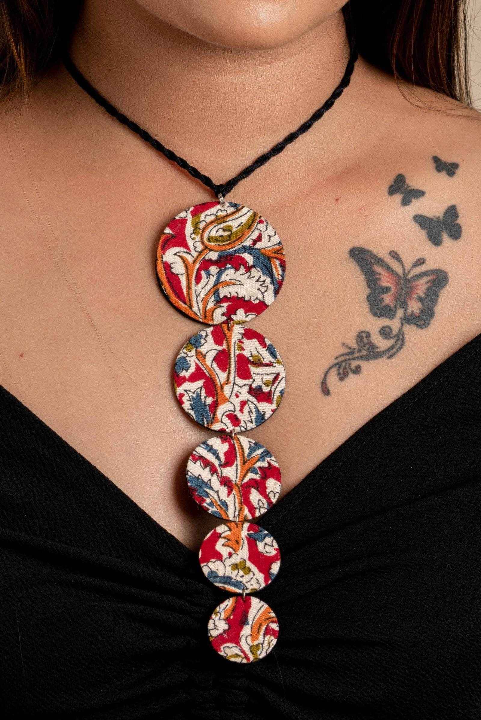 LOOK AND ADORN fabric handmade choker with colorful circular patterned pendants on black braided cord