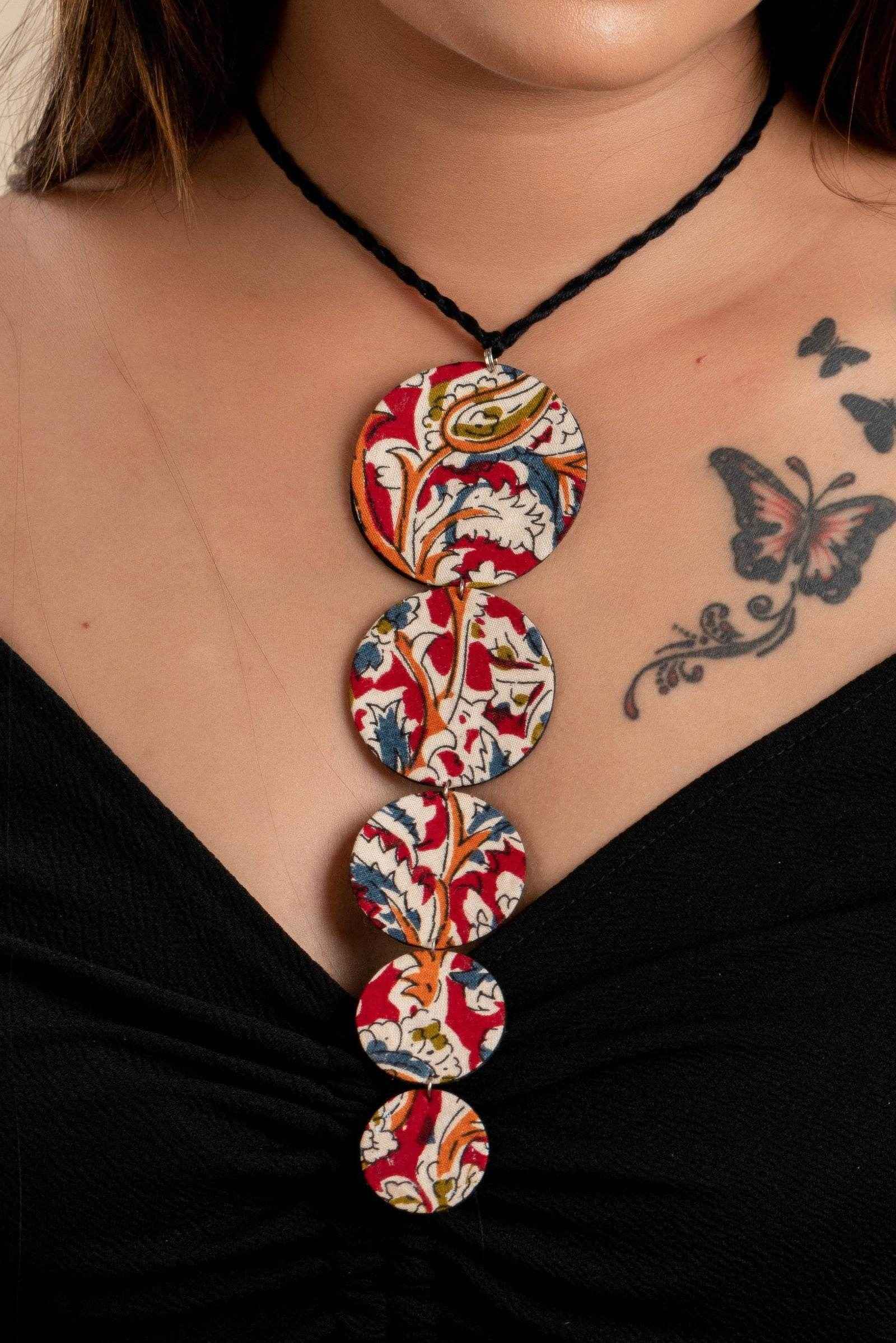 Fabric handmade choker with five round colorful fabric pendants on black braided cord