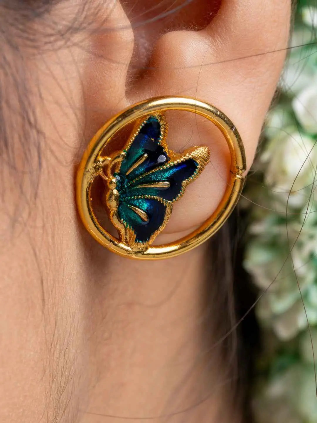 LOOK AND ADORN gold plated earrings featuring a circular design with a blue and green butterfly detail