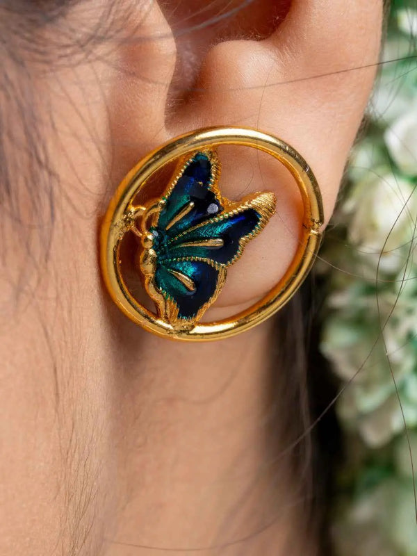 LOOK AND ADORN gold plated earrings featuring a circular design with a blue and green butterfly detail