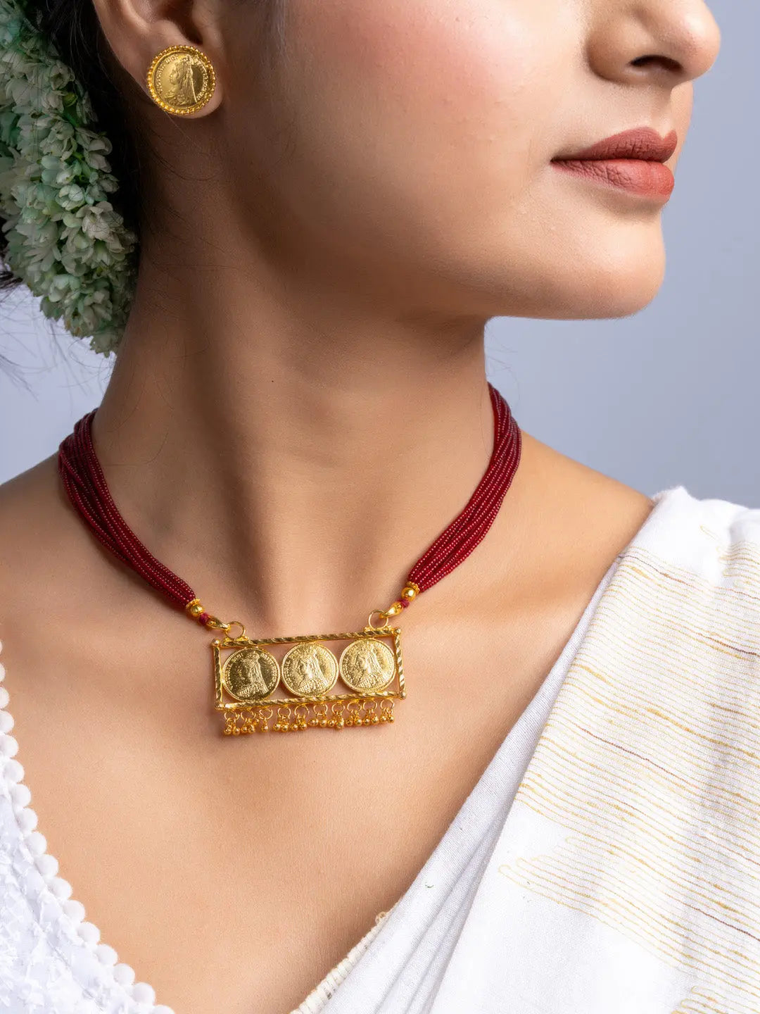 LOOK AND ADORN gold plated necklace set with traditional coin pendant and maroon multi-strand thread necklace