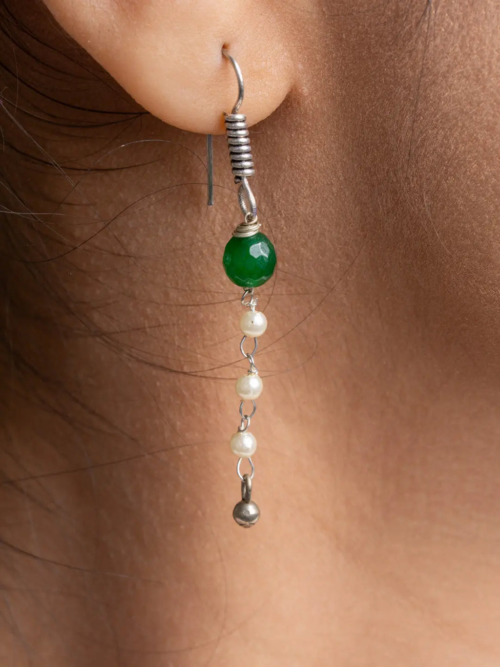 Handmade mother of pearl necklace set featuring green and white pearl dangle earrings