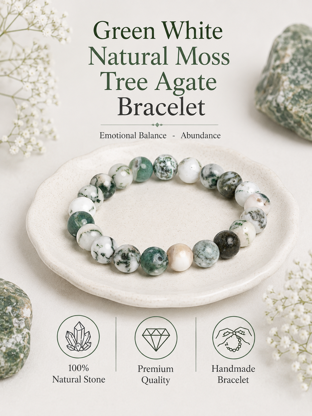 Green White Natural Moss Tree Agate | Premium AAA grade LOOK AND ADORN - designed for you