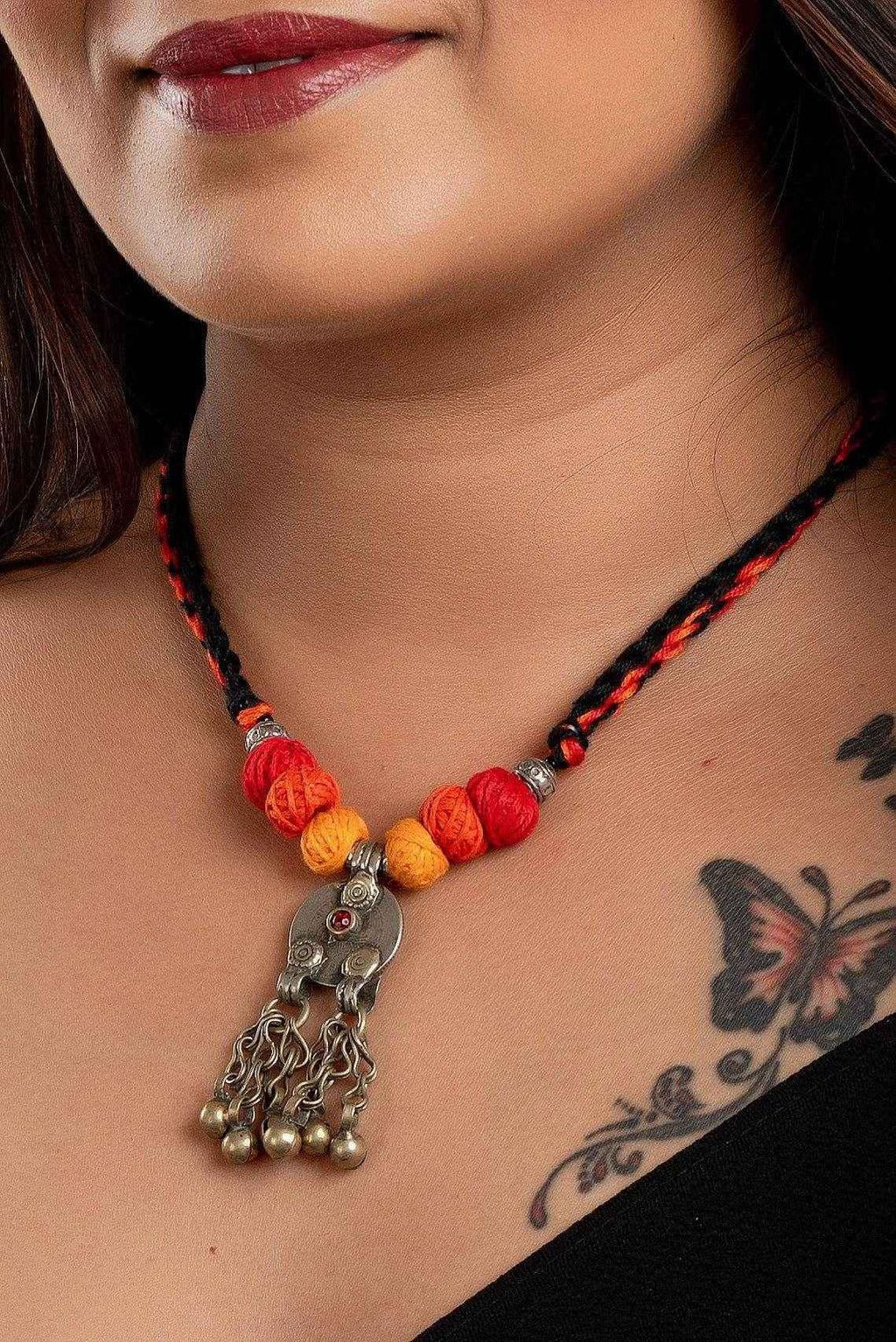 Afghan Tibetan brass oxidised silver necklace with colorful beads featuring handmade jewelry design