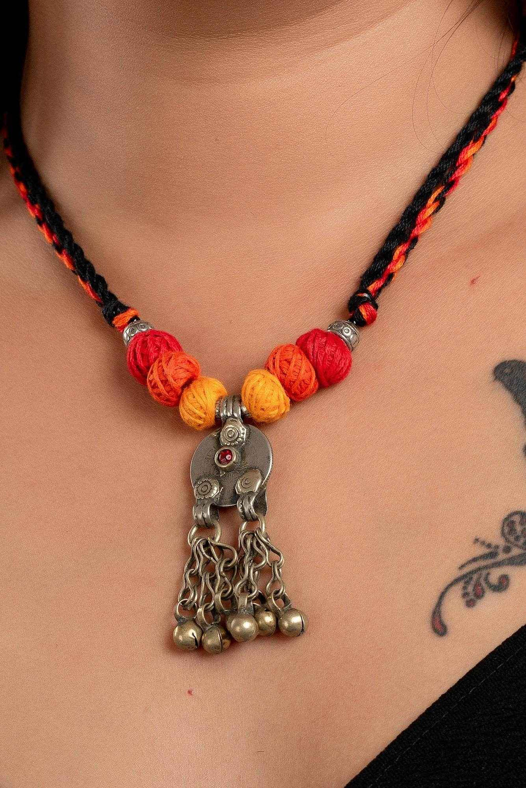 Afghan Tibetan brass oxidised silver necklace with colorful beads handmade jewelry by LOOK AND ADORN
