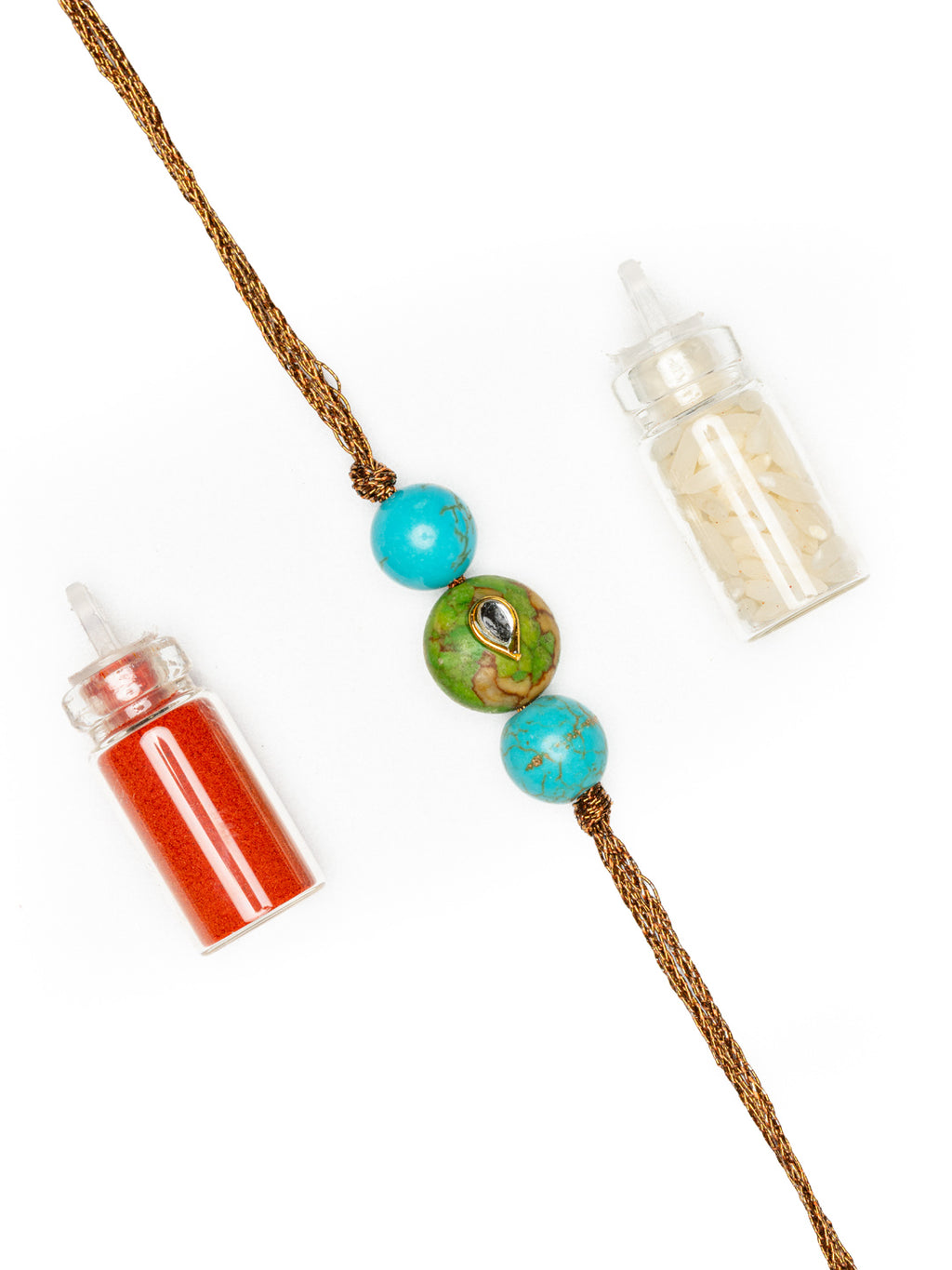 LOOK AND ADORN kundan rakhi with turquoise and green beads and decorative thread