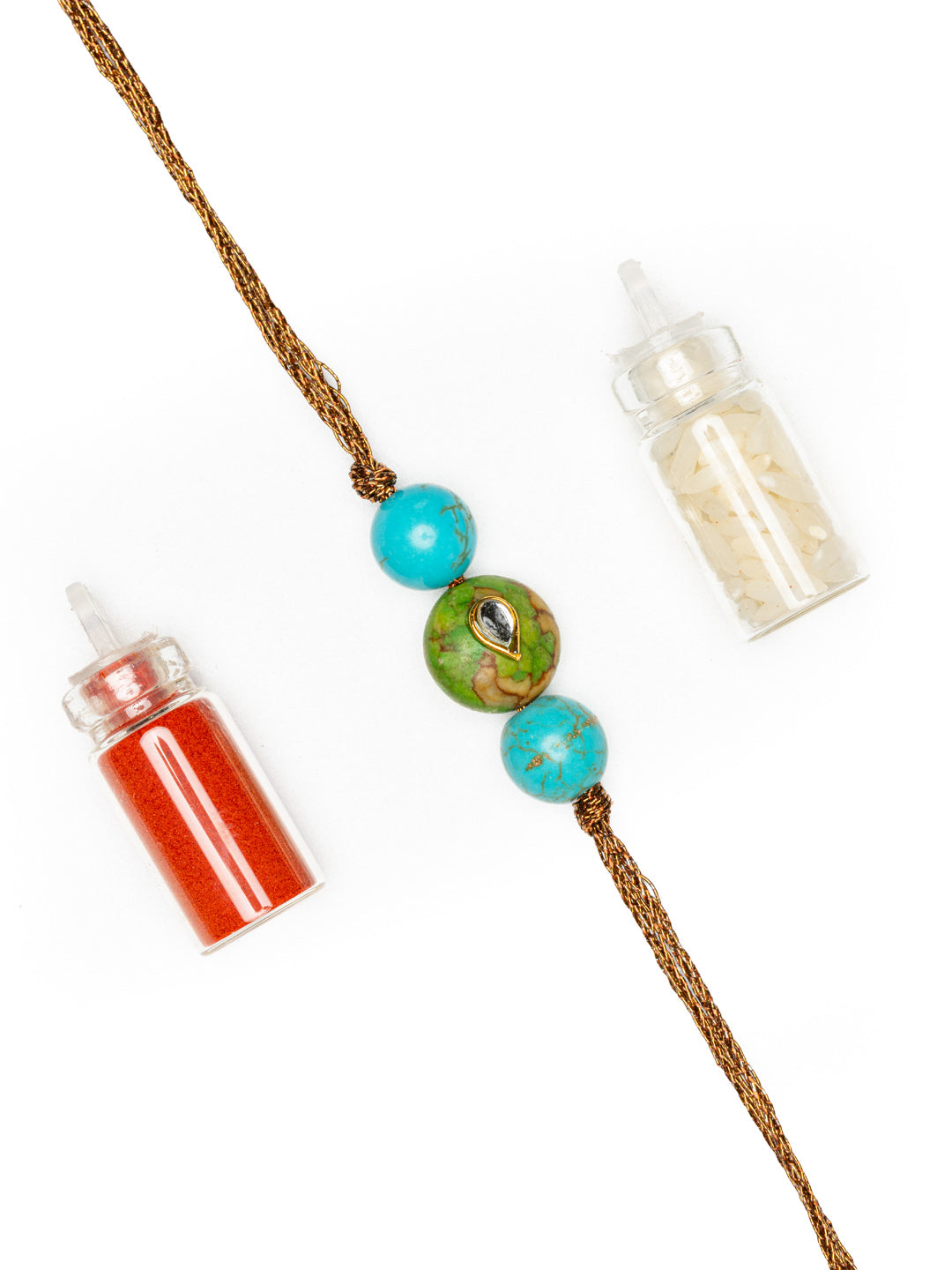 LOOK AND ADORN kundan rakhi with turquoise and green beads and decorative thread