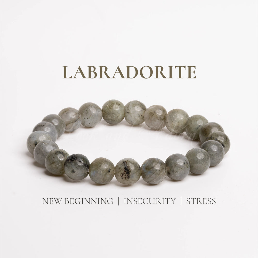 Labradorite bracelet with smooth beads, symbolizing new beginnings and tranquility for stress relief