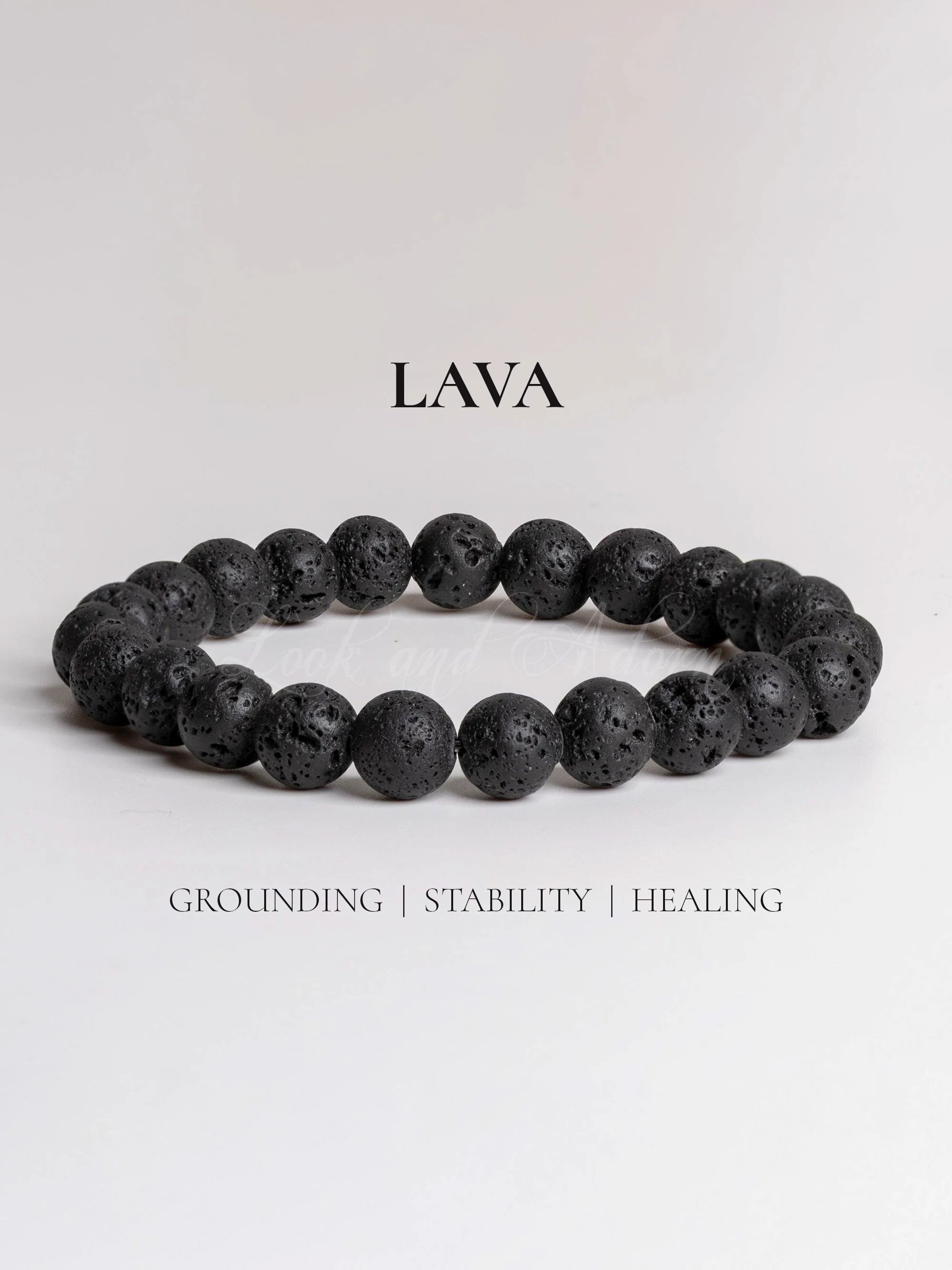 LOOK AND ADORN lava stone bracelet designed for grounding, stability, and healing with unique textured beads