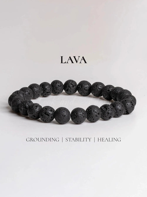 LOOK AND ADORN lava stone bracelet designed for grounding, stability, and healing with unique textured beads