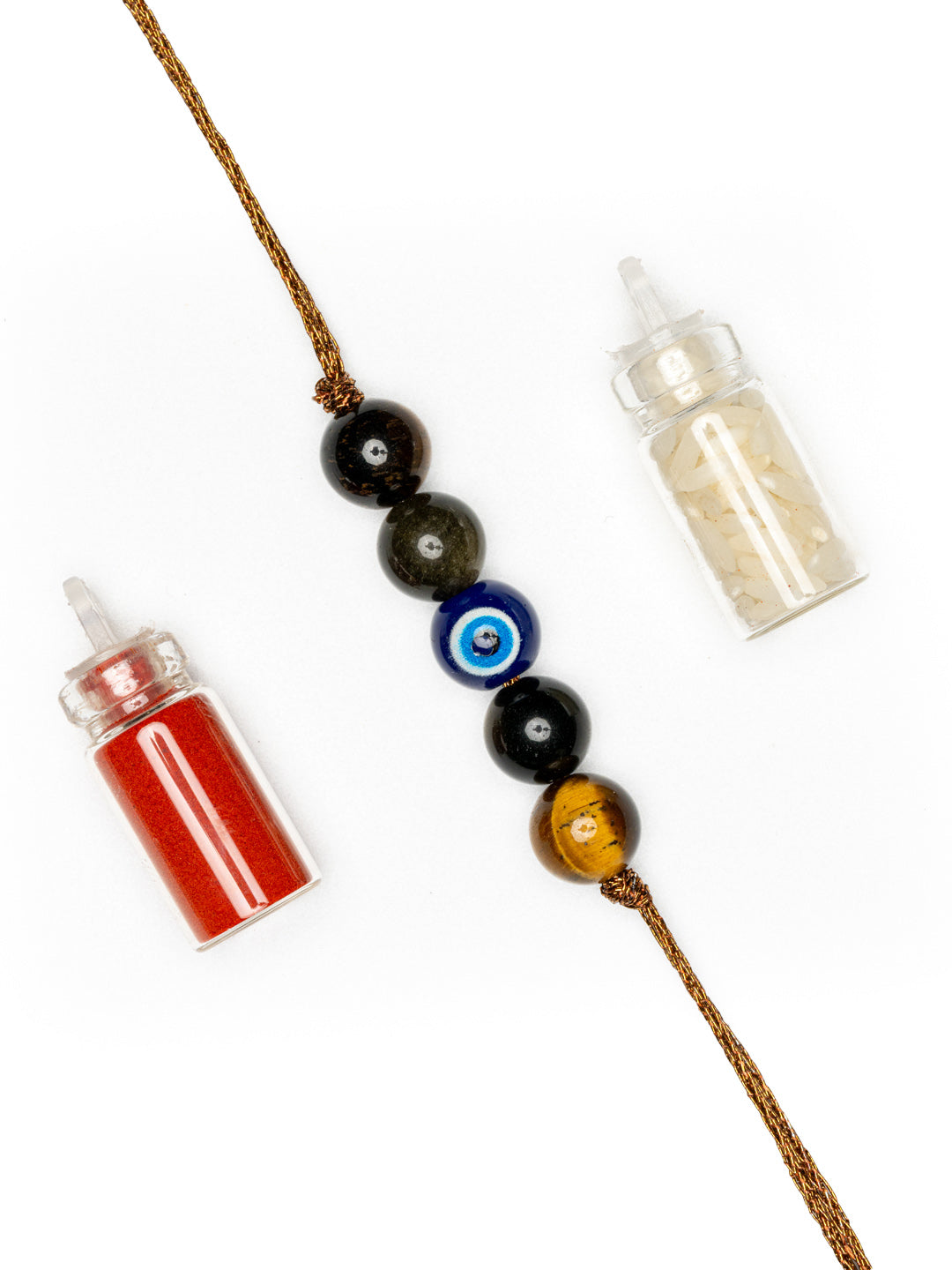 LOOK AND ADORN evil eye rakhi with multicolored beads and protective charm on brown thread