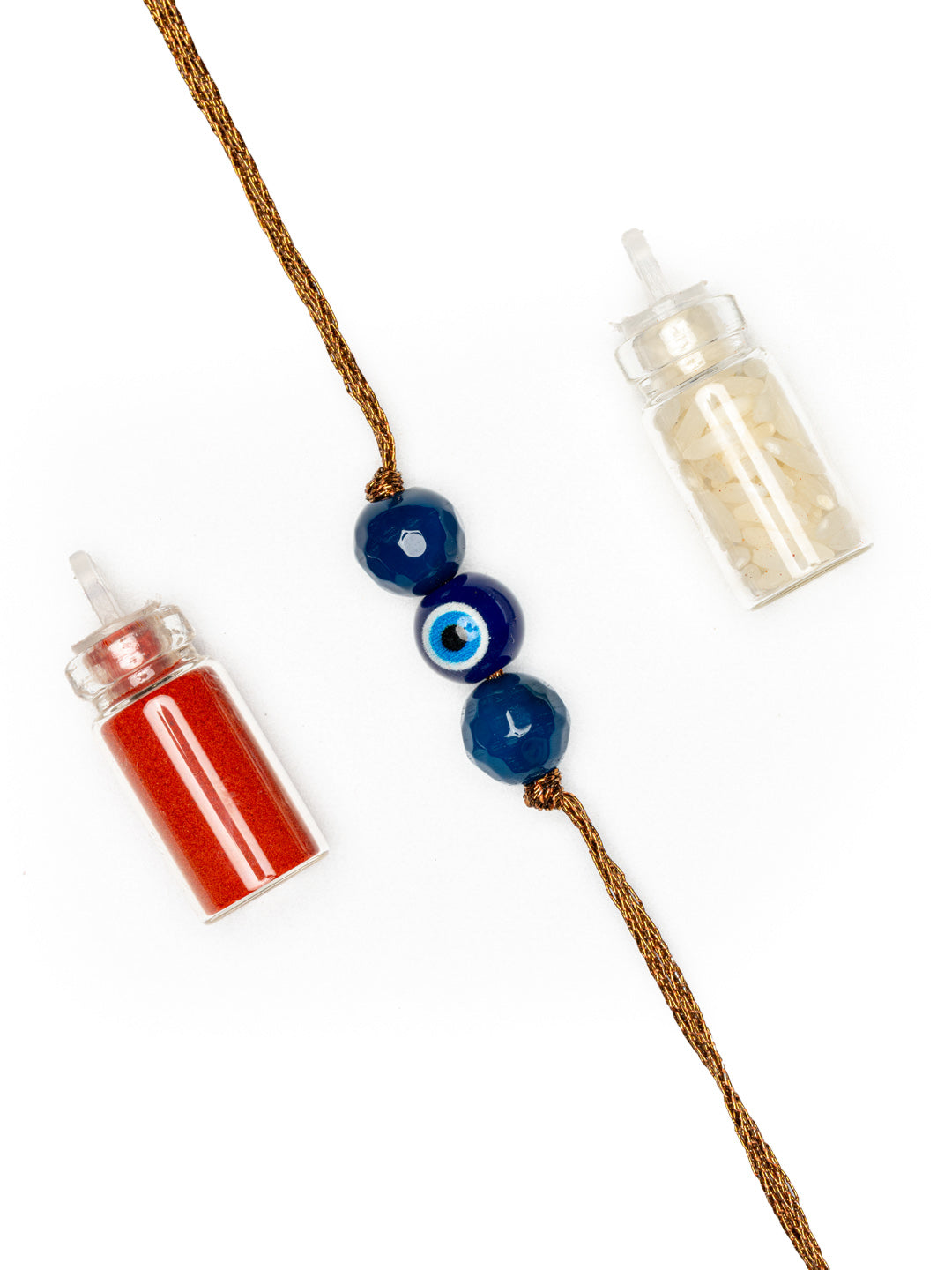 LOOK AND ADORN designed for you evil eye rakhi with blue beads and red and white color powders